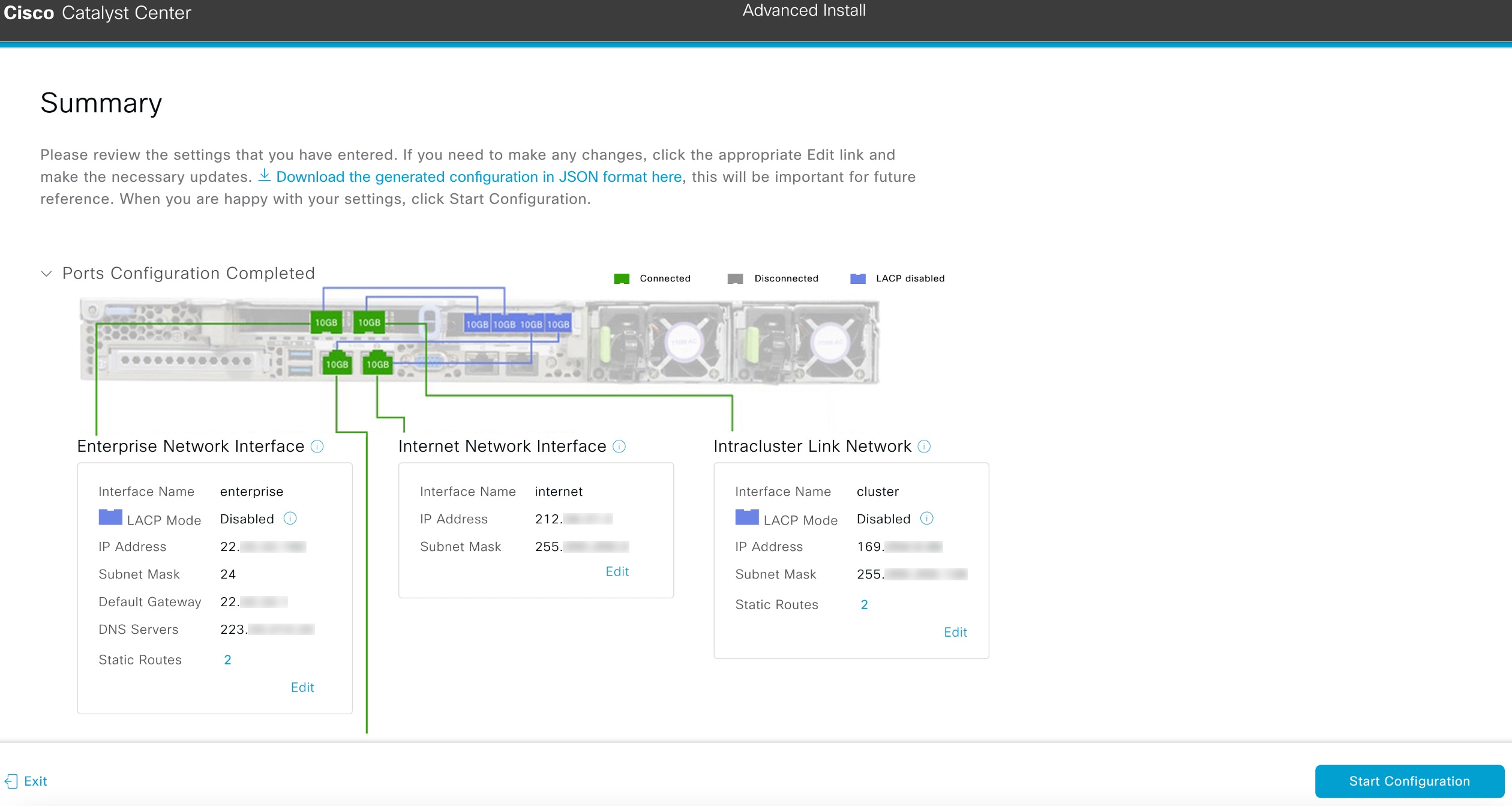 The Summary screen displays the step to review all the entered settings before starting the configuration.