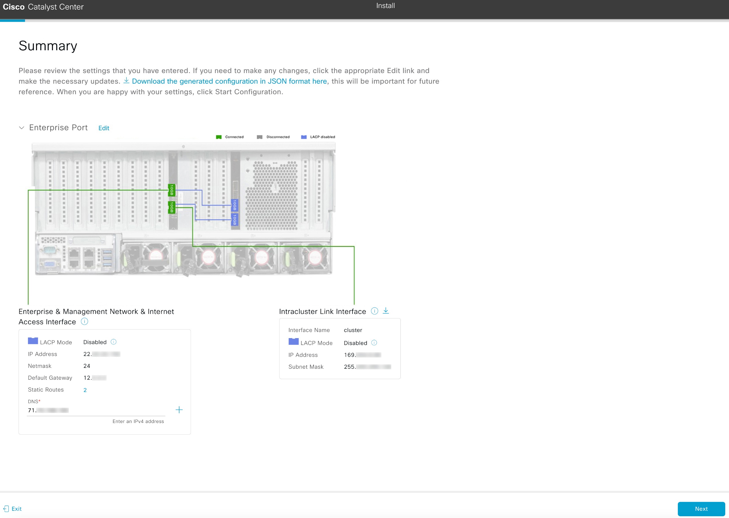 The Summary screen displays the step to review the entered settings before starting your appliance configuration.