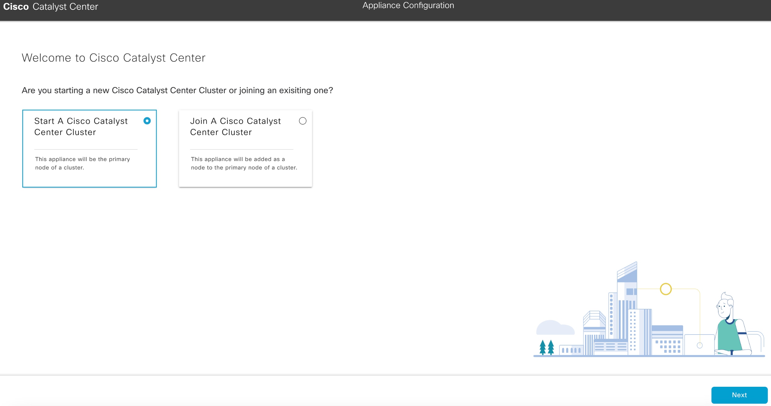 The Applicance Configuration screen displays two options: start or join a Cisco DNA Center cluster.
