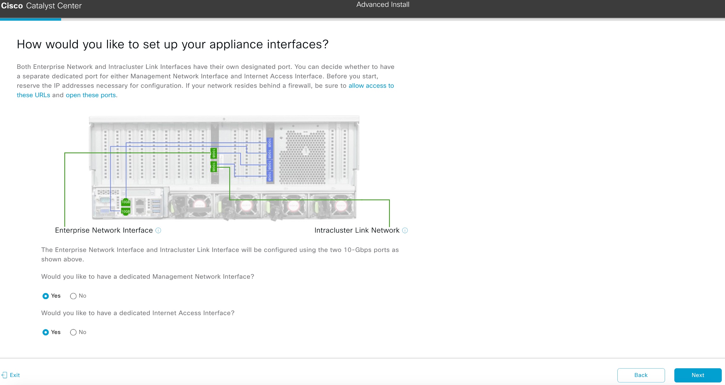 The How would you like to set up your appliance interfaces? screen displays the step to choose if you want to configure dedicated Management and Internet Access interfaces.