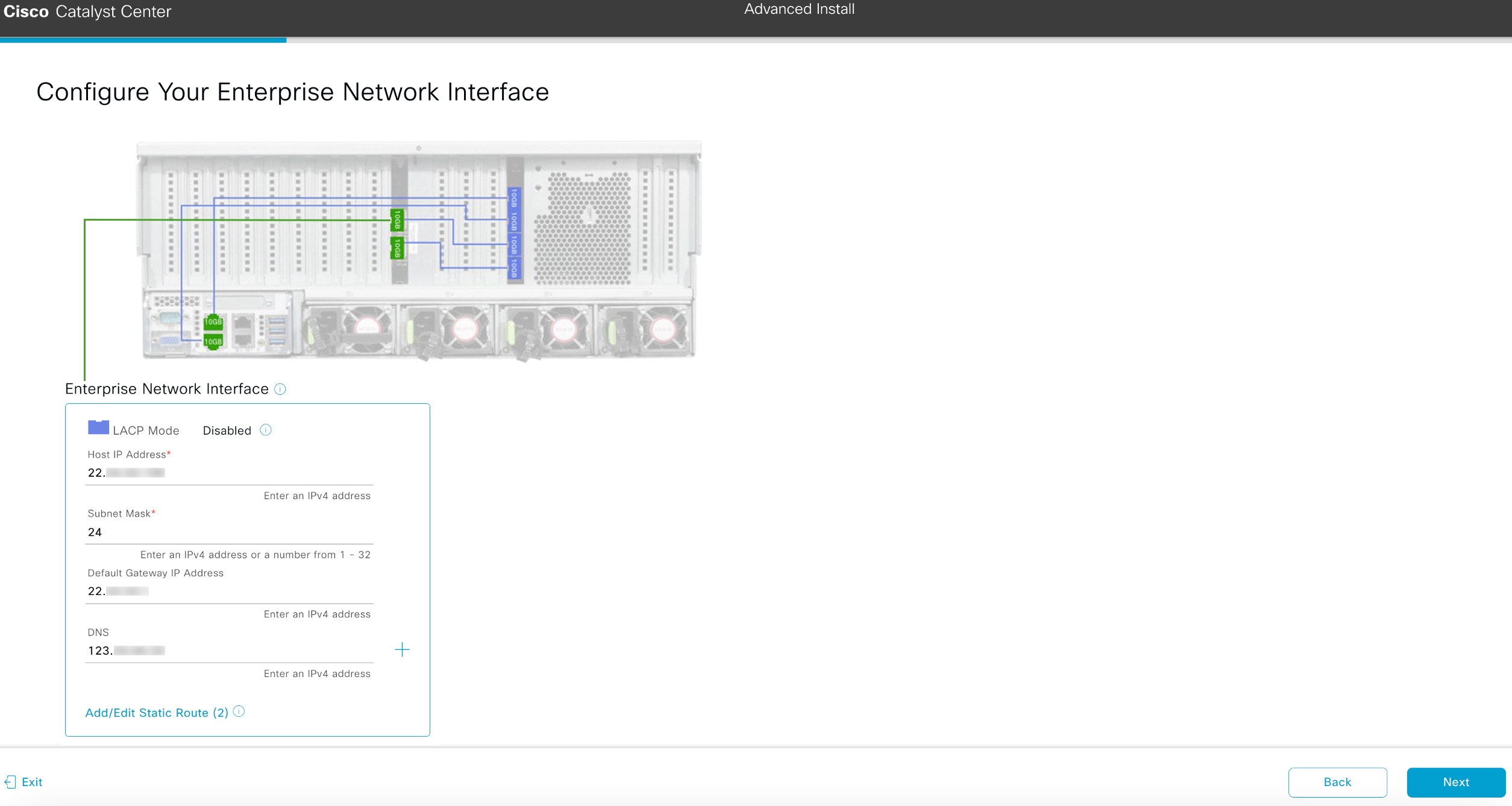 The Configure Your Enterprise Network Interface screen displays the step to enter configuration values for the Enterprise interface.