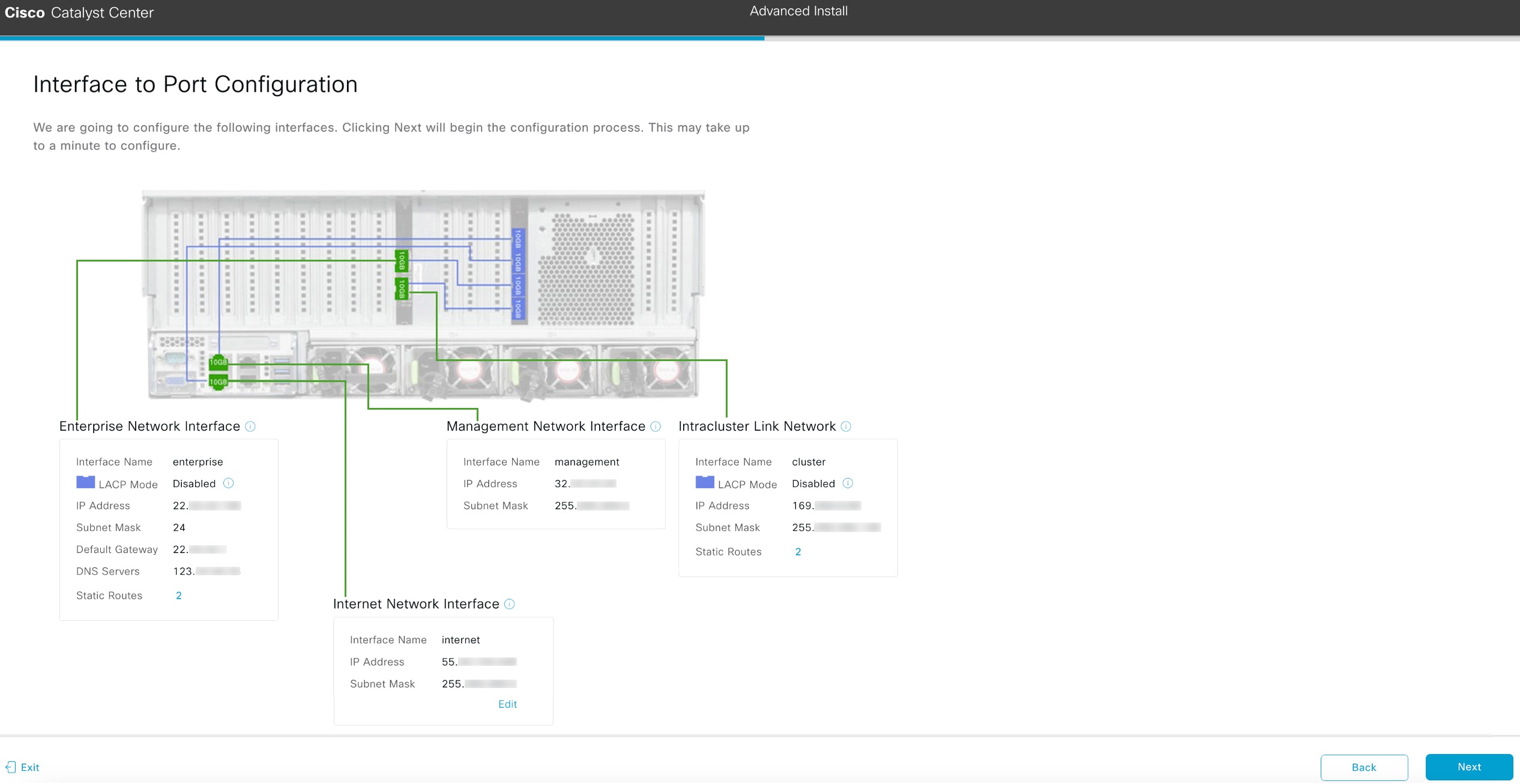 The Interface to Port Configuration screen displays the step to review the entered values for the secondary node’s interfaces.