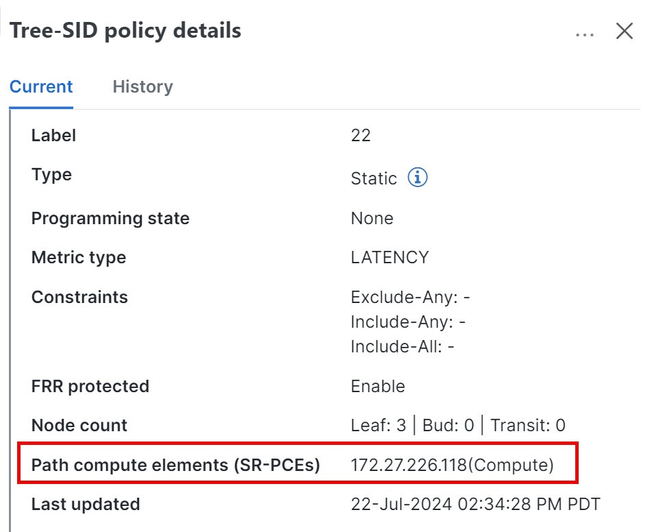 SR-PCE Compute details the SR-PCE used to create the policies