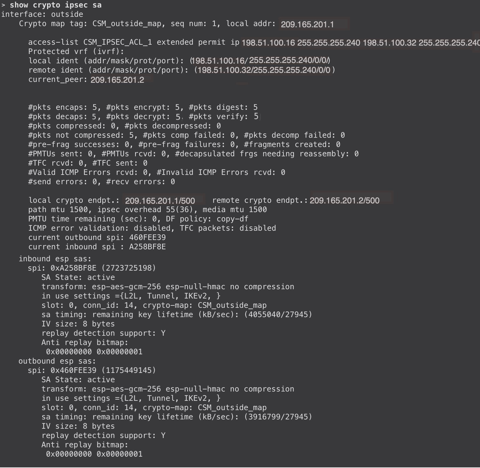 ポリシーベース VPN に対する show crypto ipsec sa コマンドの出力