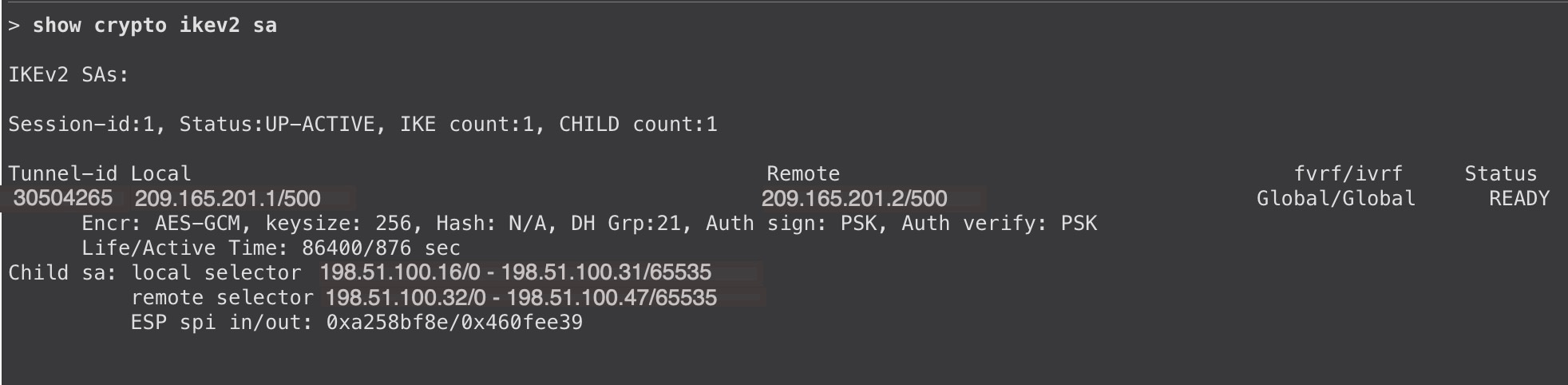ポリシーベース VPN に対する show crypto ikev2 コマンドの出力
