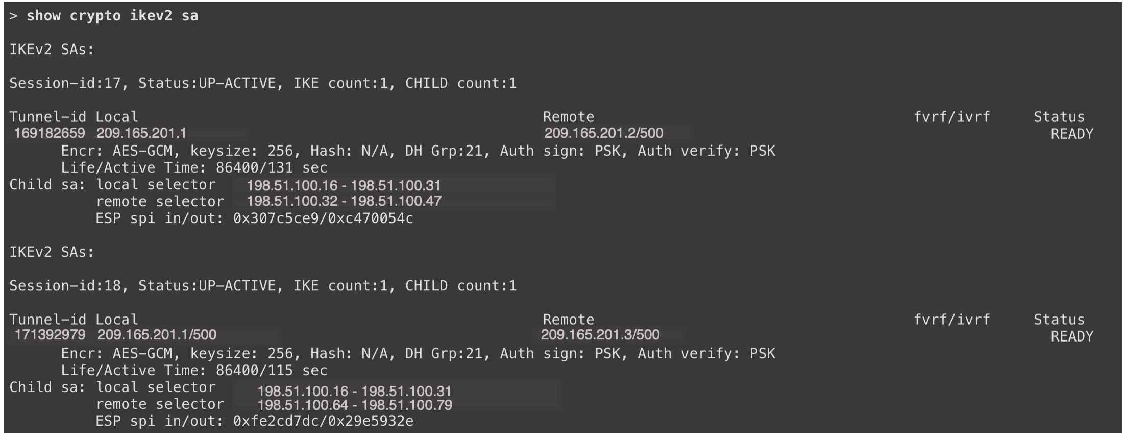 show crypto ikev2 sa コマンドの出力