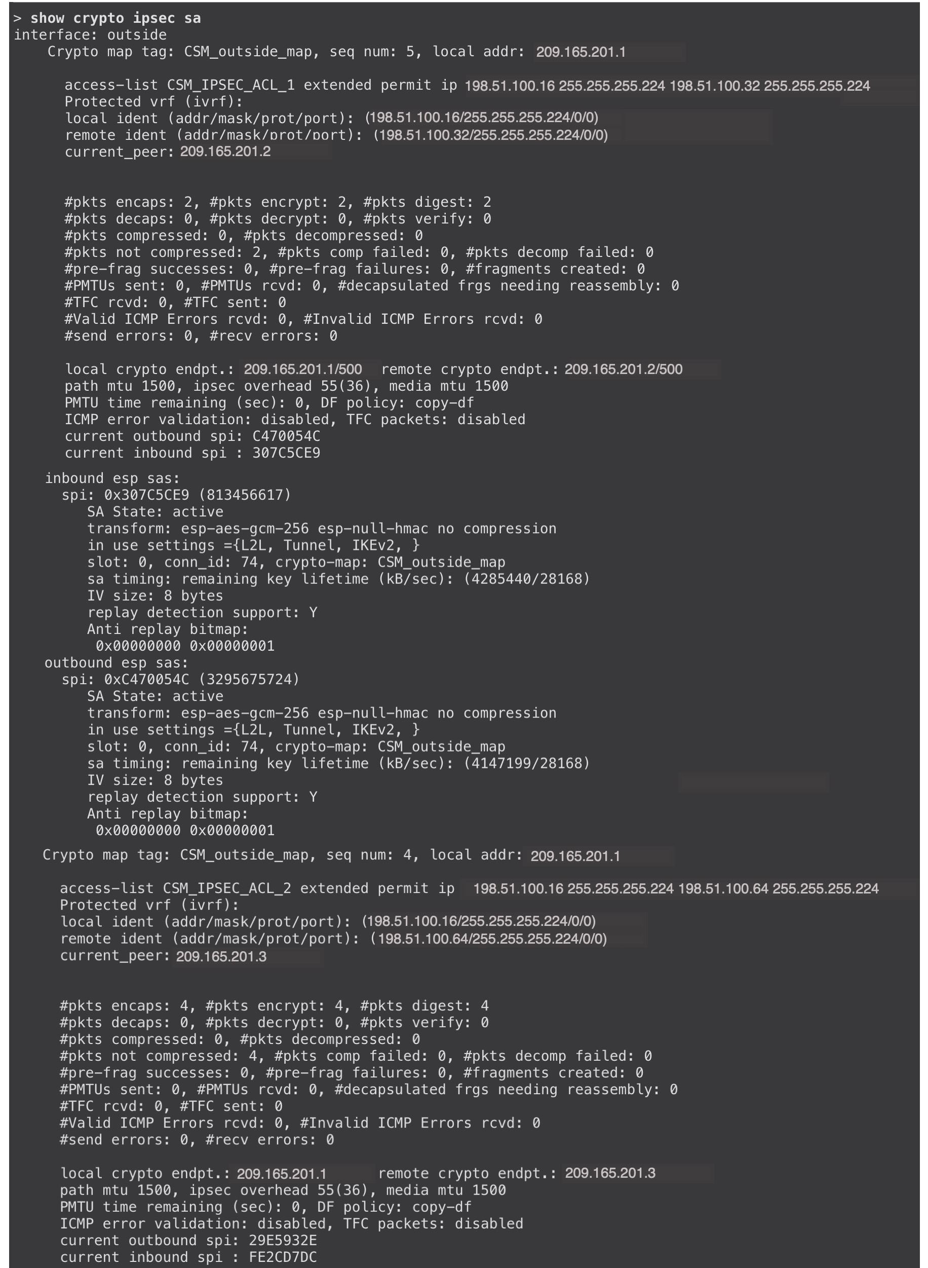 show crypto ipsec sa コマンドの出力