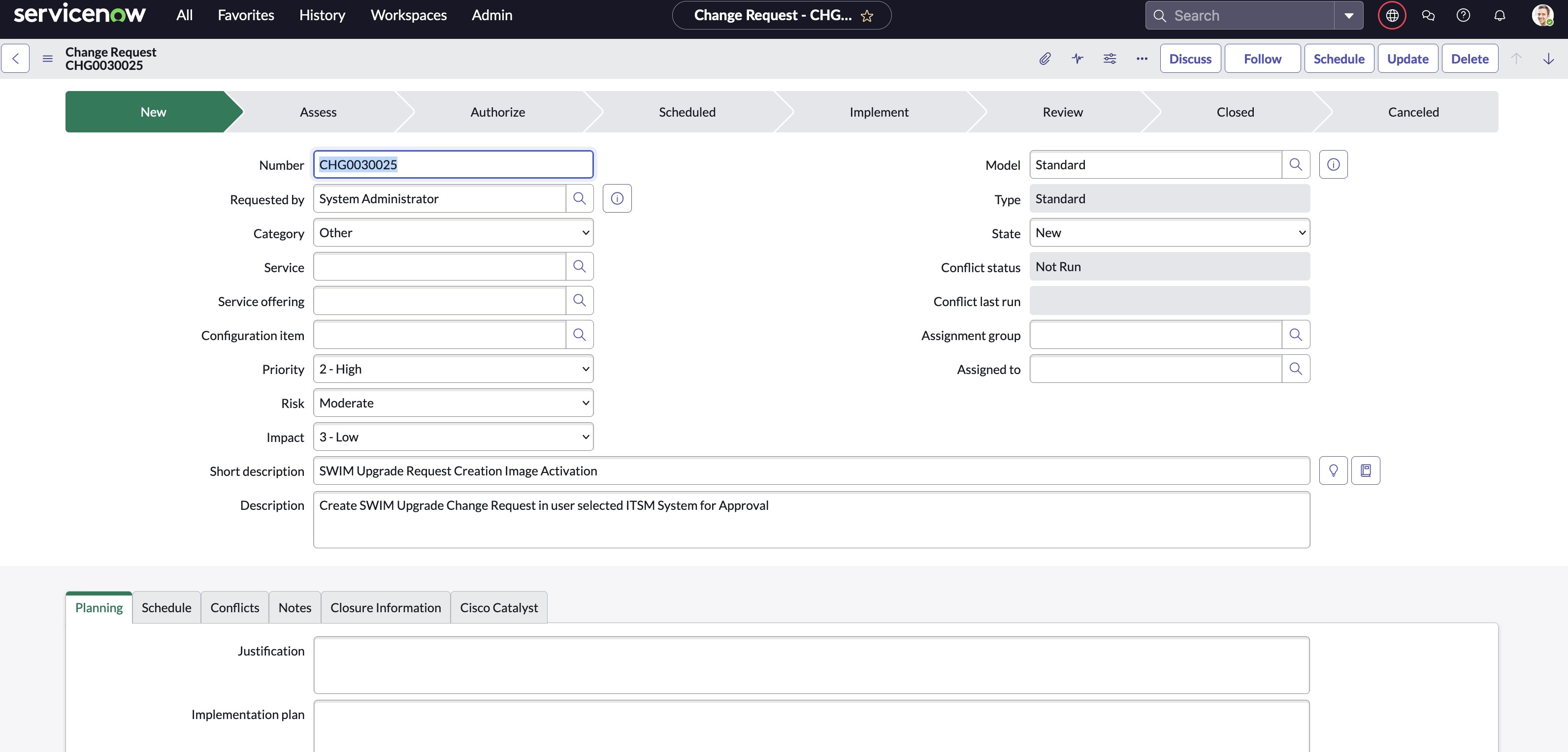 Figure 29: Change request on ServiceNow