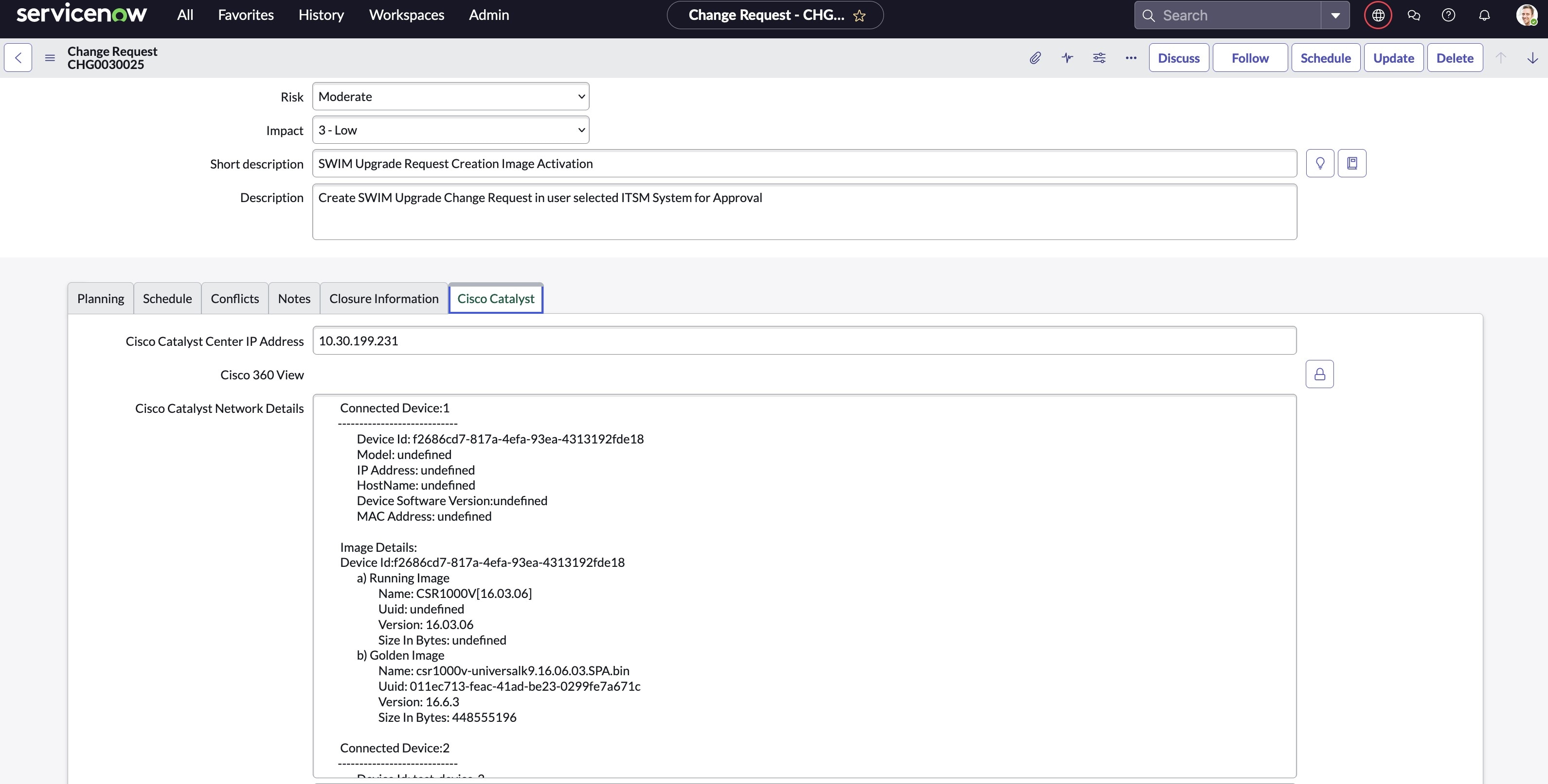 Figure 30: Cisco DNA tab under change request