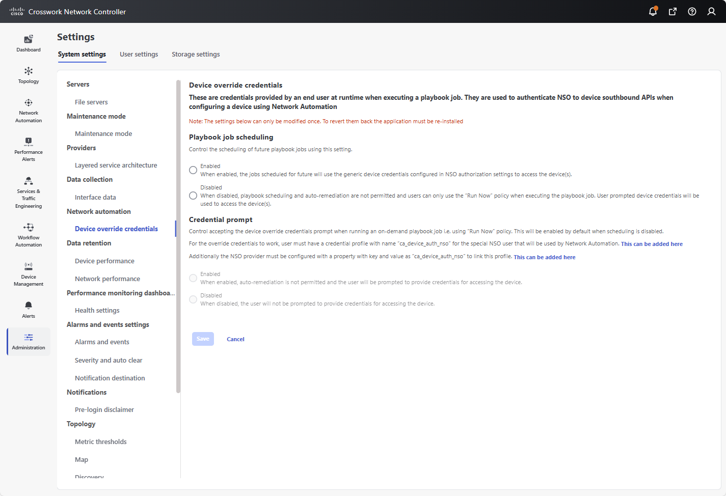 System settings - Device override credentials