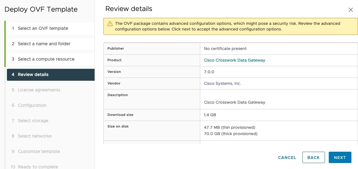 Deploy OVF Template - Review details Window