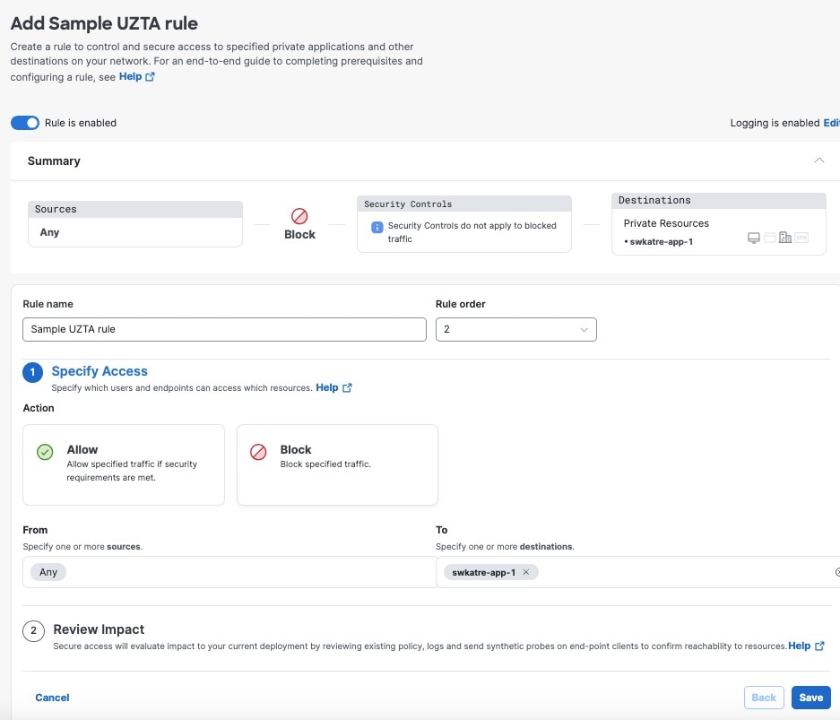 The access rule configuration blocks access to the destination swatw-app-1, illustrating the available devices set up for universal zero trust network access.