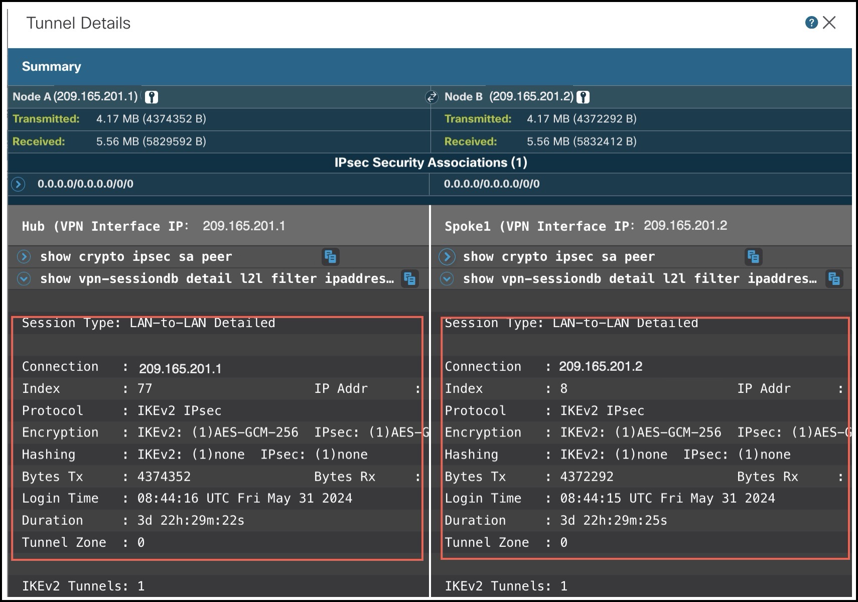 show vpn-sessiondb detail l2lfilter ipaddress コマンドの出力