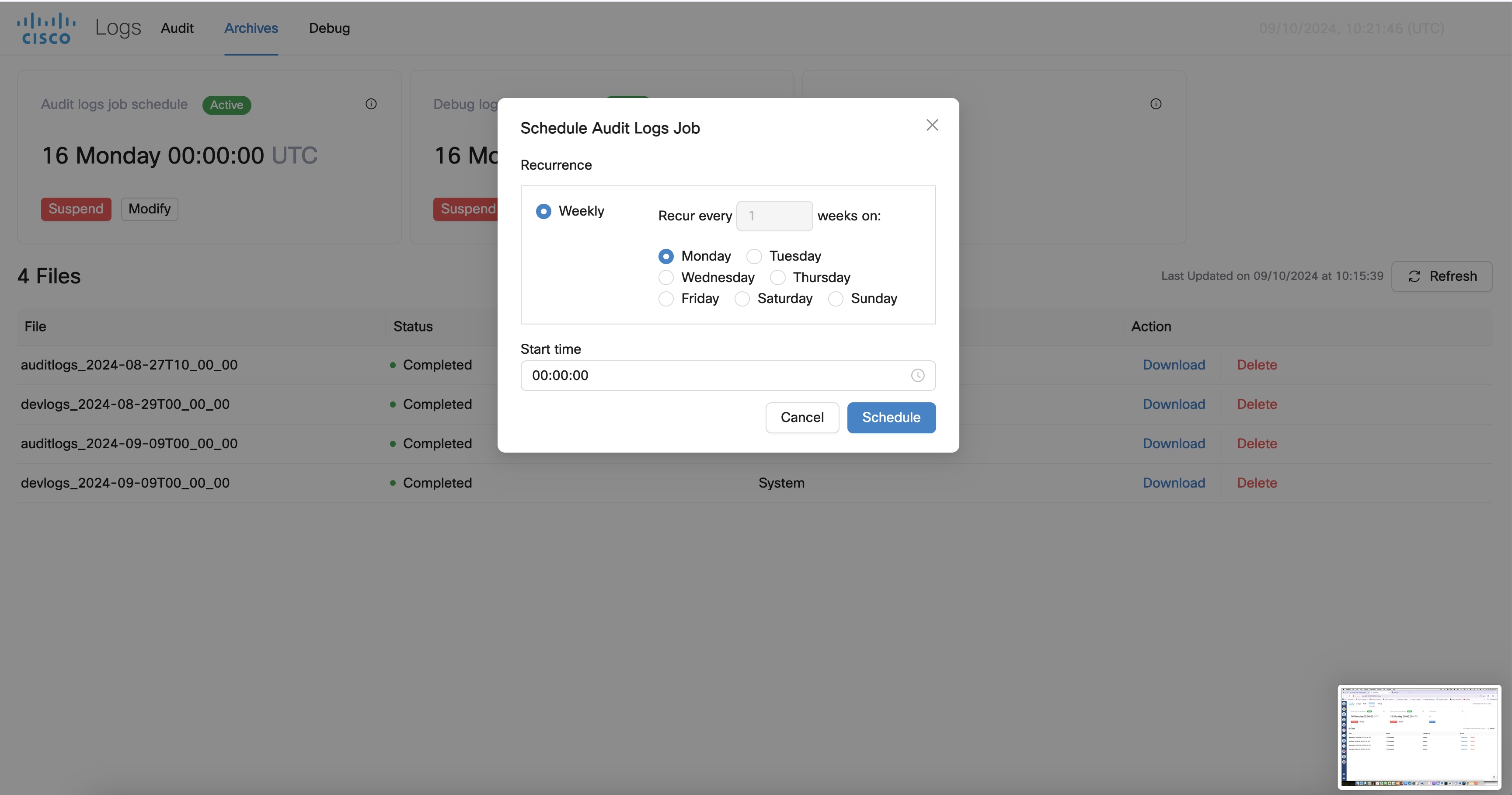 Screenshot of Scheduling Audit Logs Jobs