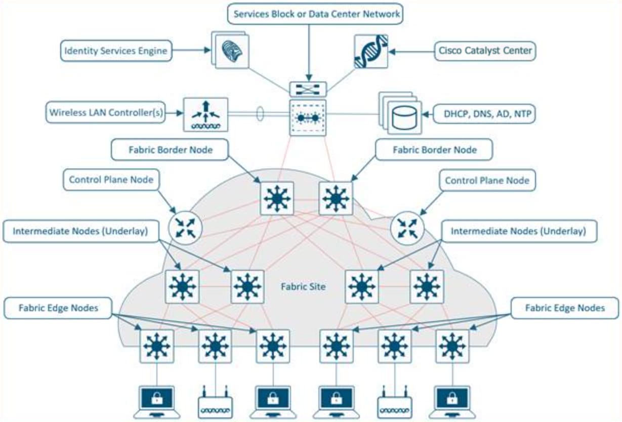 This diagram illustrates the Cisco SD-Access fabric infrastructure.