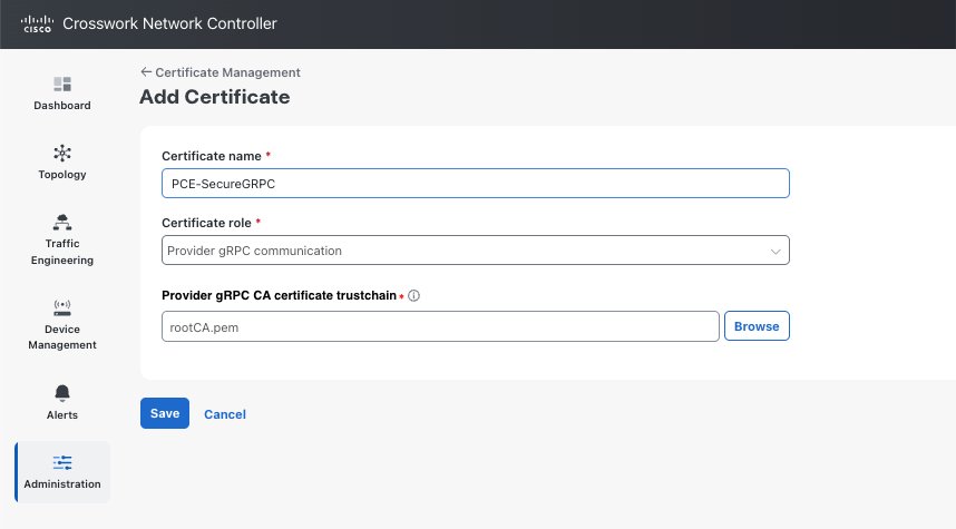 Add Certificate screen showing fields to upload a certificate file, enter a role, and specify certificate details.