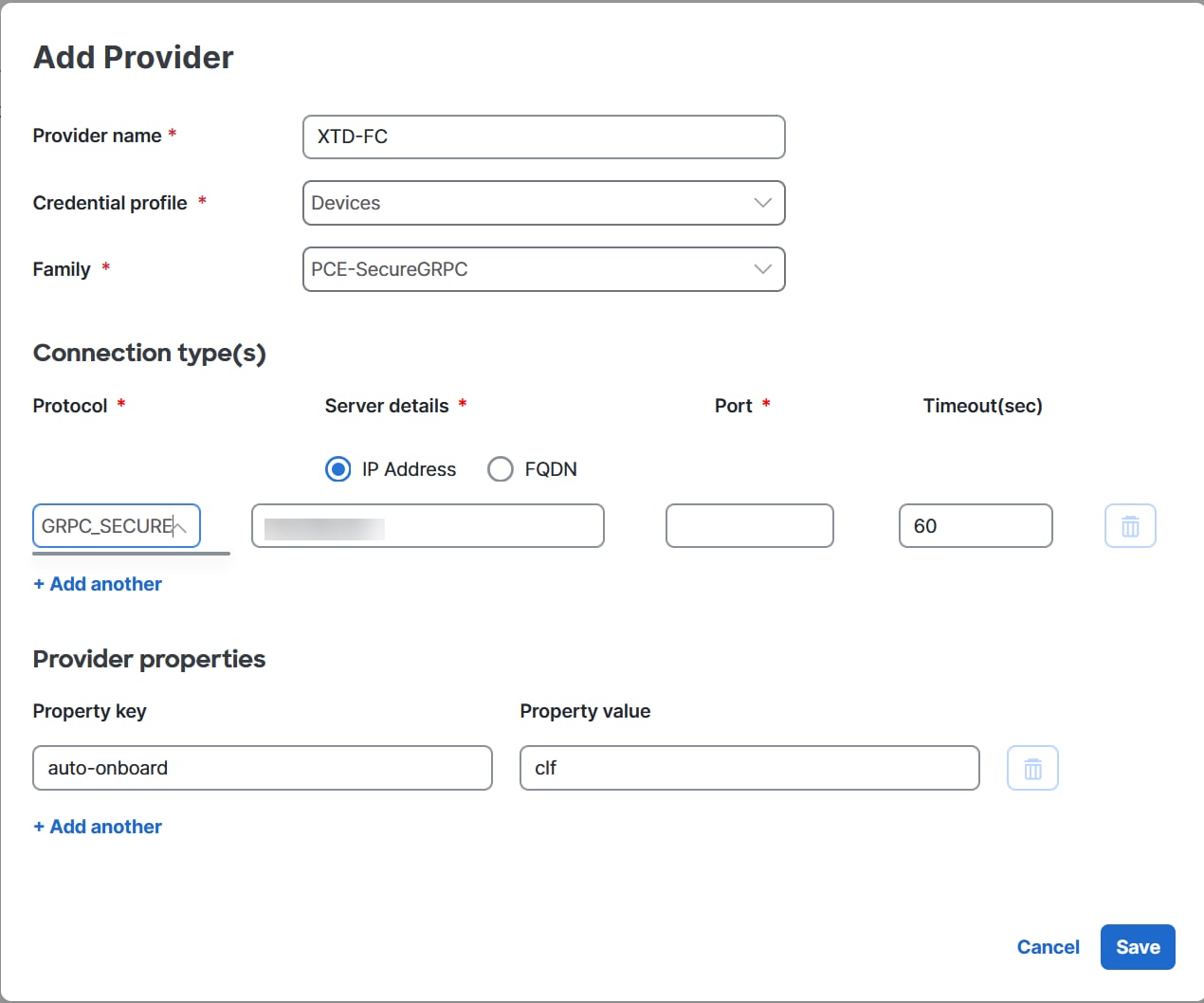 Highlighted SR-PCE configuration fields that appear in both the Add Provider and Edit Provider window.