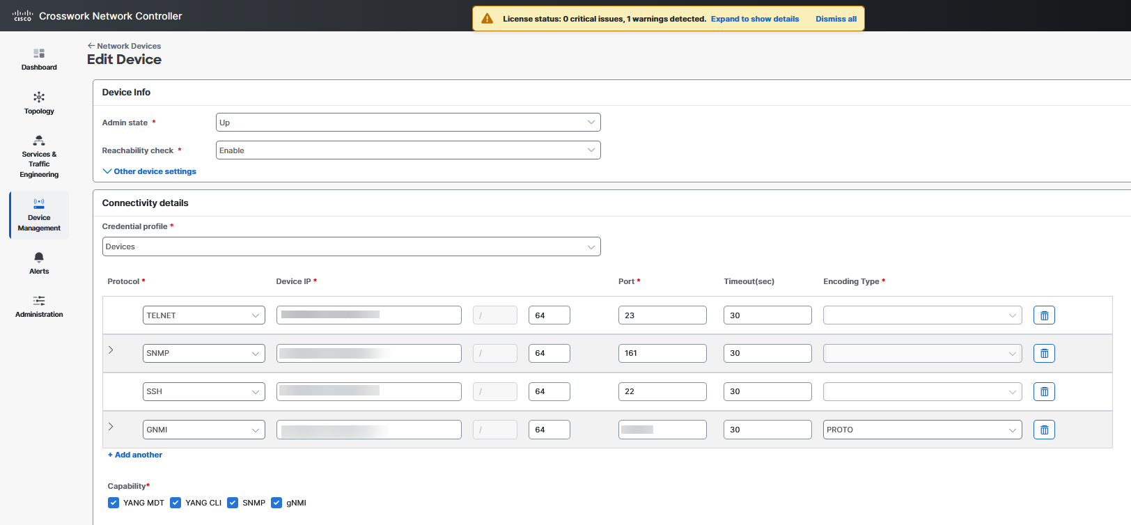 The Edit Device details page shows the updated secure protocol details for a device.