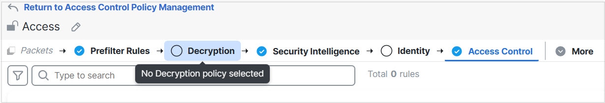 In the firewall management center, for the access control policy, click the word Decryption to select a decryption policy to associate