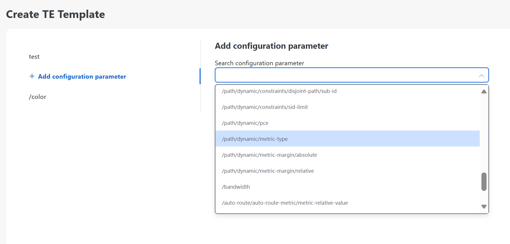 Search configuration parameter list