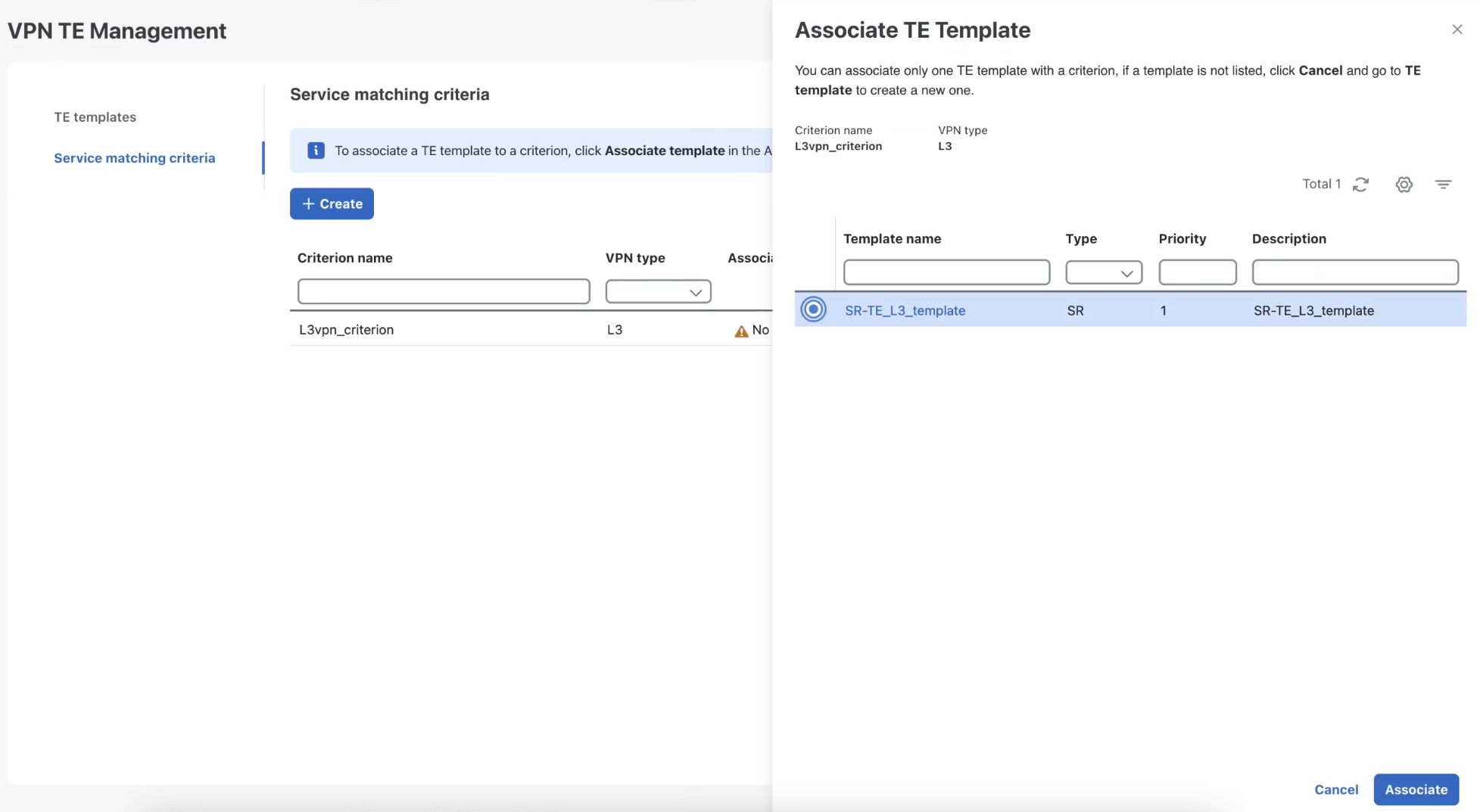 Associate TE Template dialog