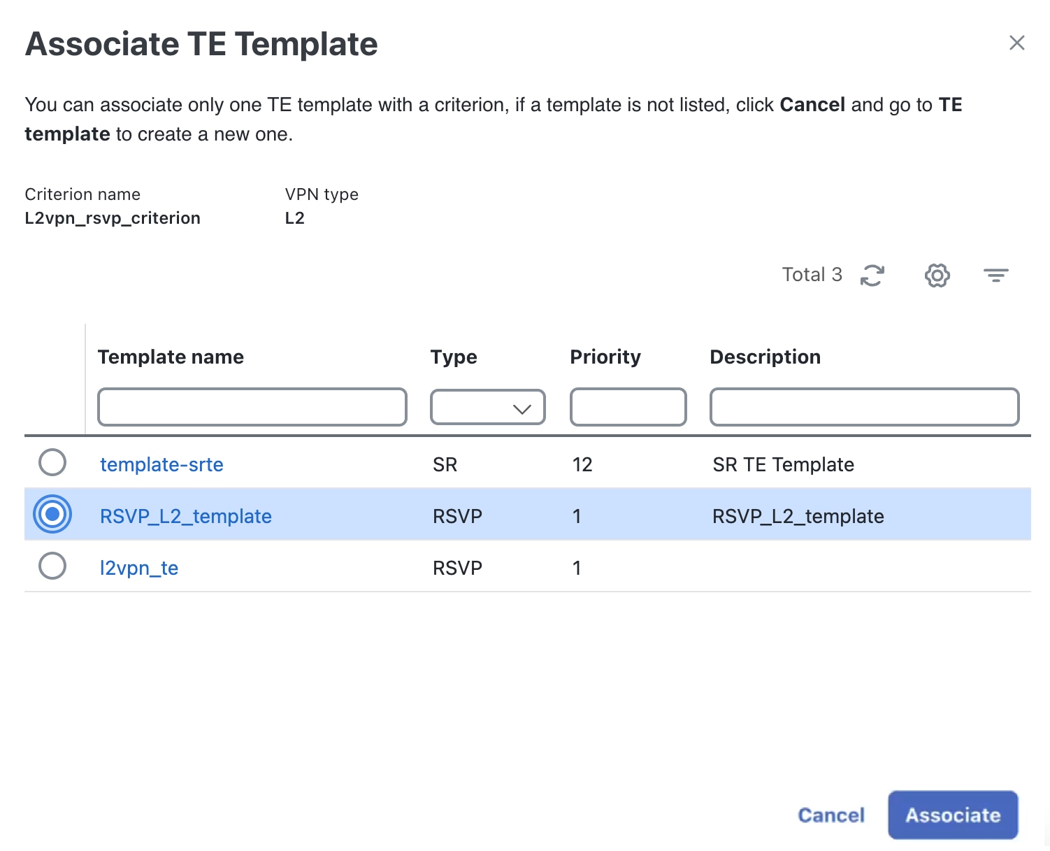 Associate TE Template dialog