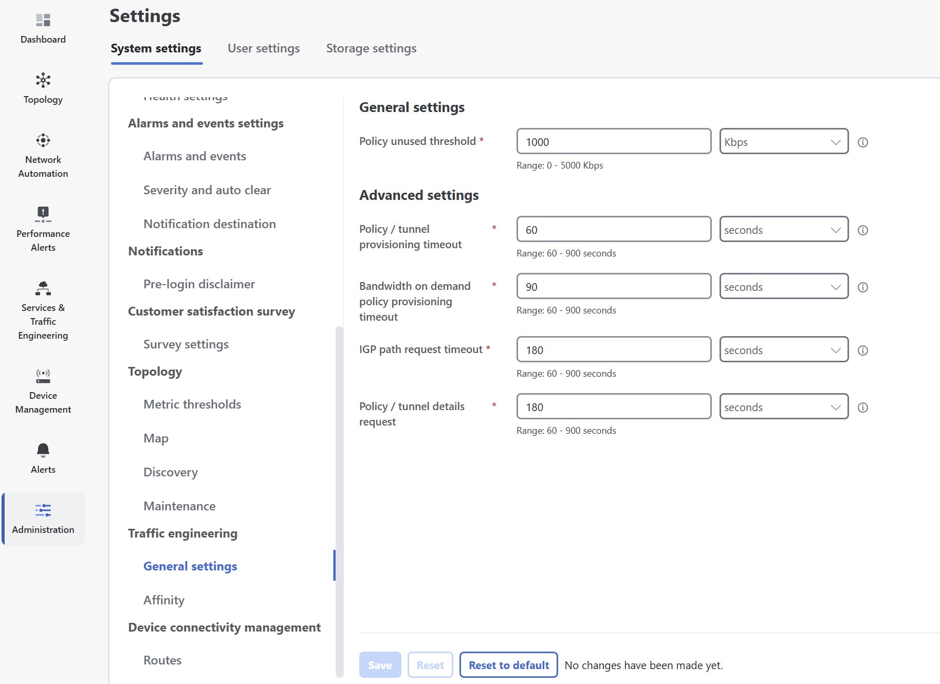 Traffic engineering timeout settings