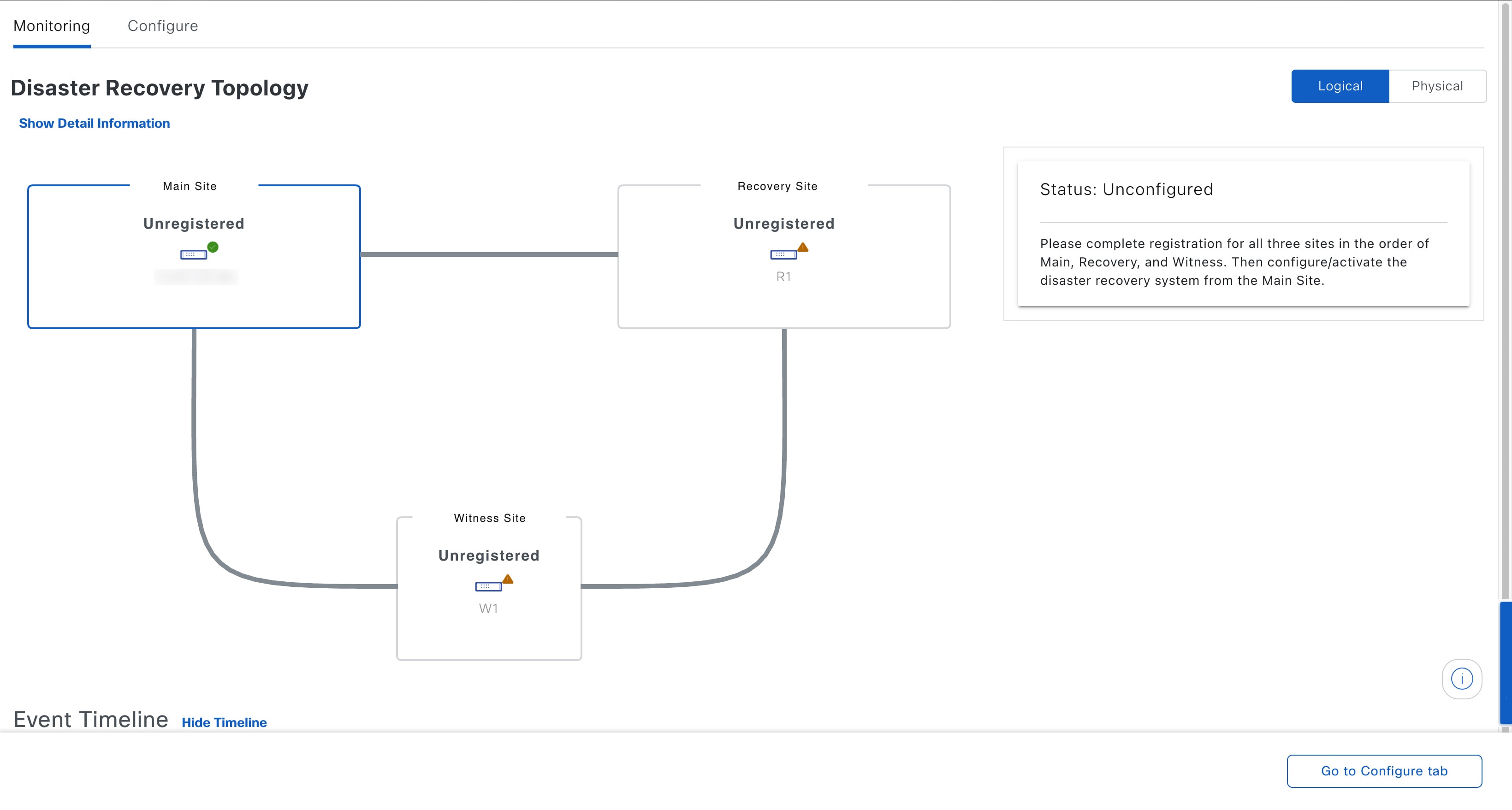 On the Disaster Recovery window, the Monitoring tab is selected and the Disaster Recovery Topology is displayed with the status of Unconfigured.