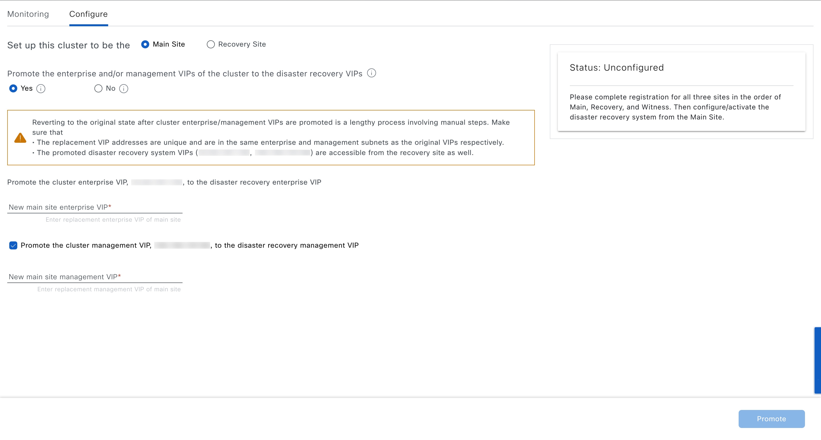 On the Disaster Recovery window, the Configure tab is selected and the main site configuration options are displayed.
