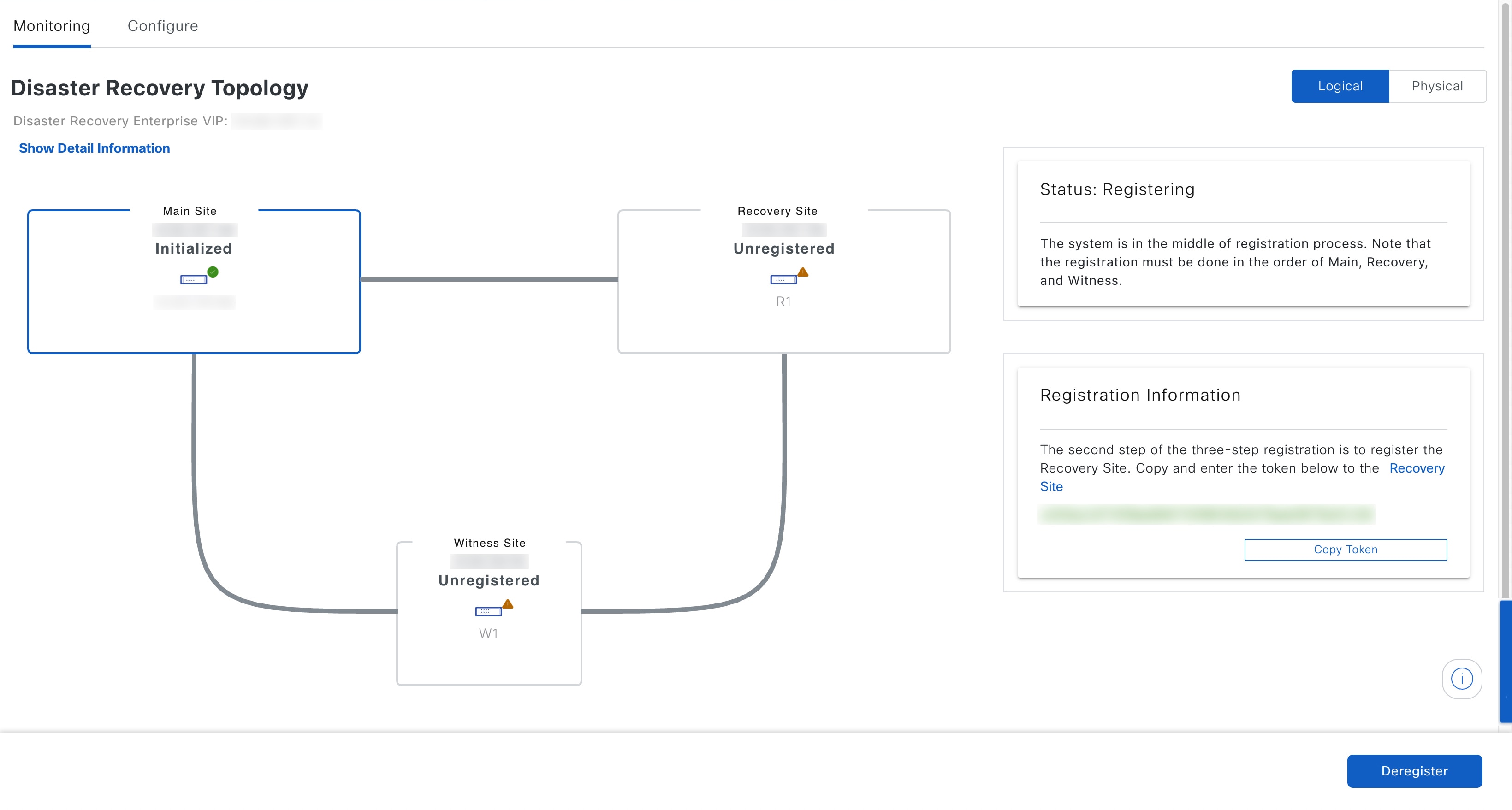 On the Disaster Recovery window, the Monitoring tab is selected and the Disaster Recovery Topology is displayed with the status of Registering.