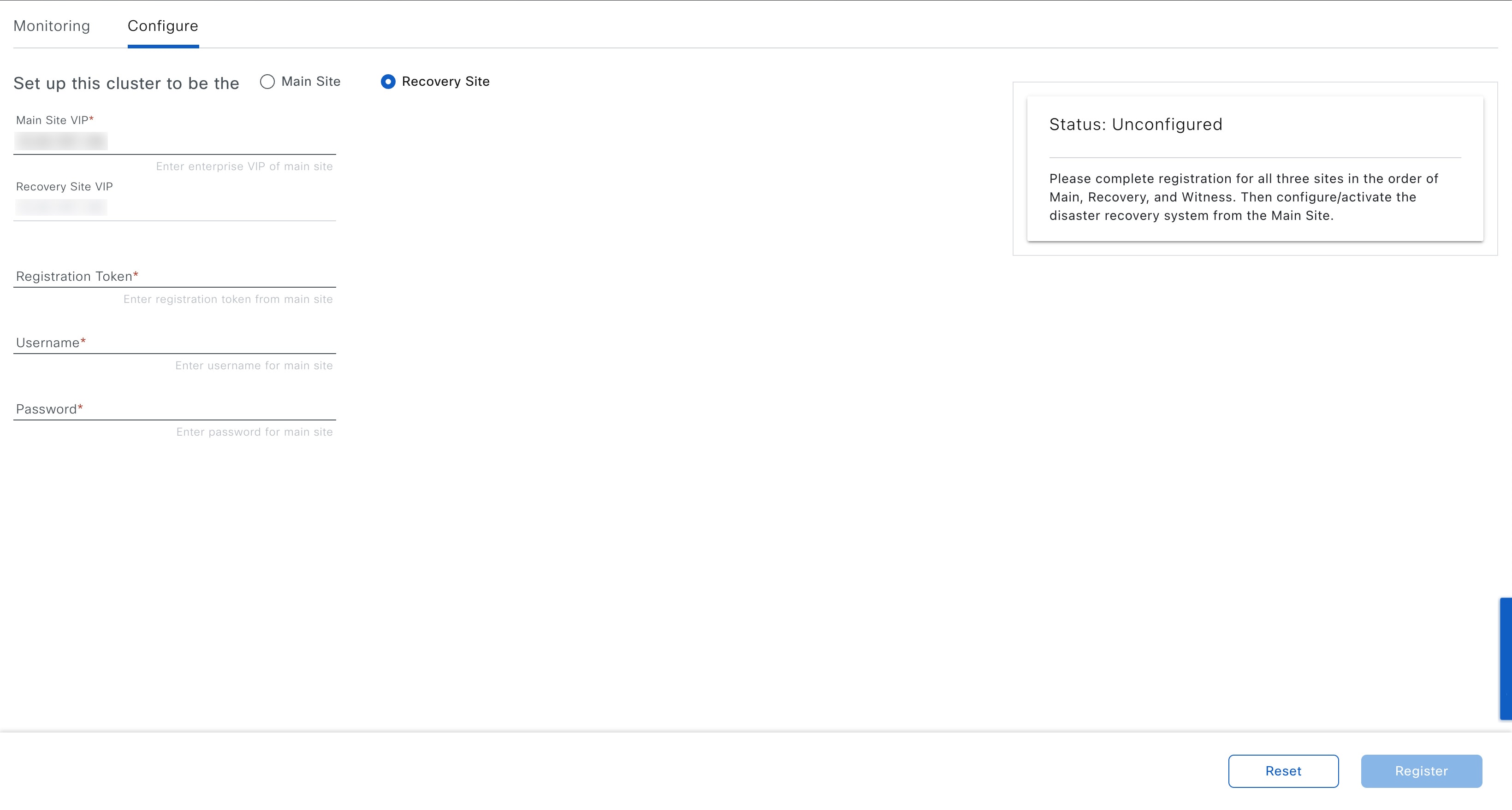 On the Disaster Recovery window, the Configure tab and the Recovery Site radio button are selected.