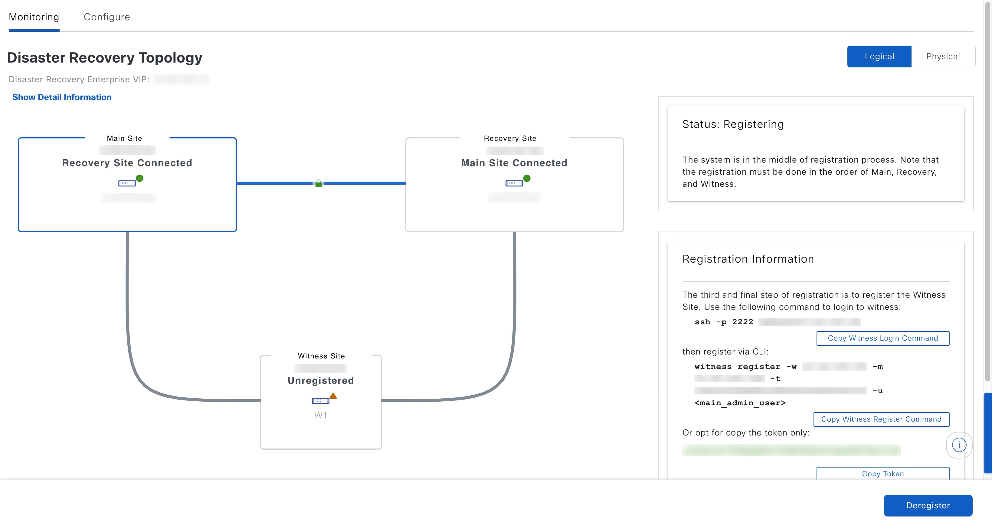 On the Disaster Recovery window, the Monitoring tab is selected and the Disaster Recovery Topology is displayed with the Registering status.