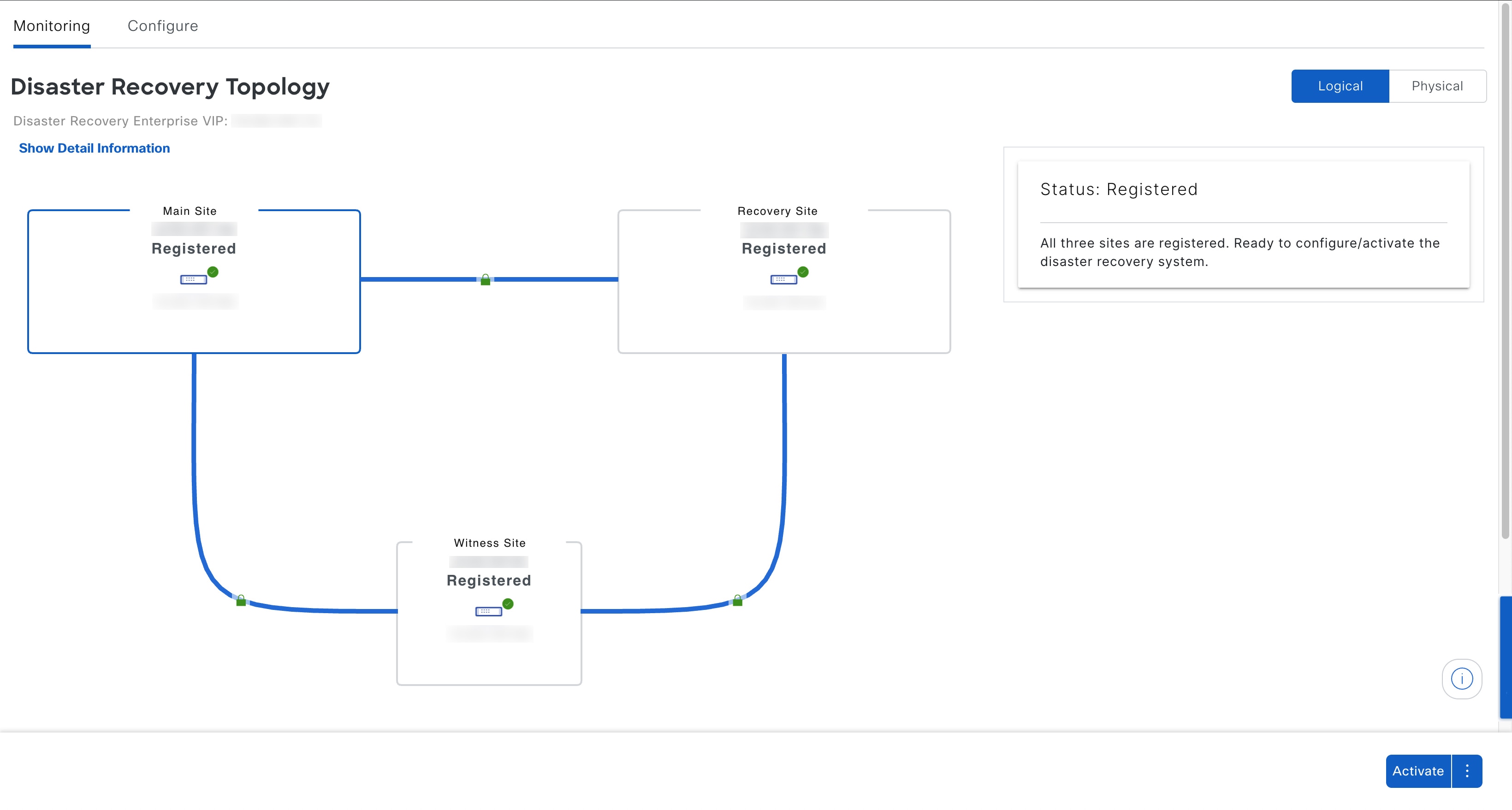On the Disaster Recovery window, the Monitoring tab is selected and the Disaster Recovery Topology is displayed with the Registered status.