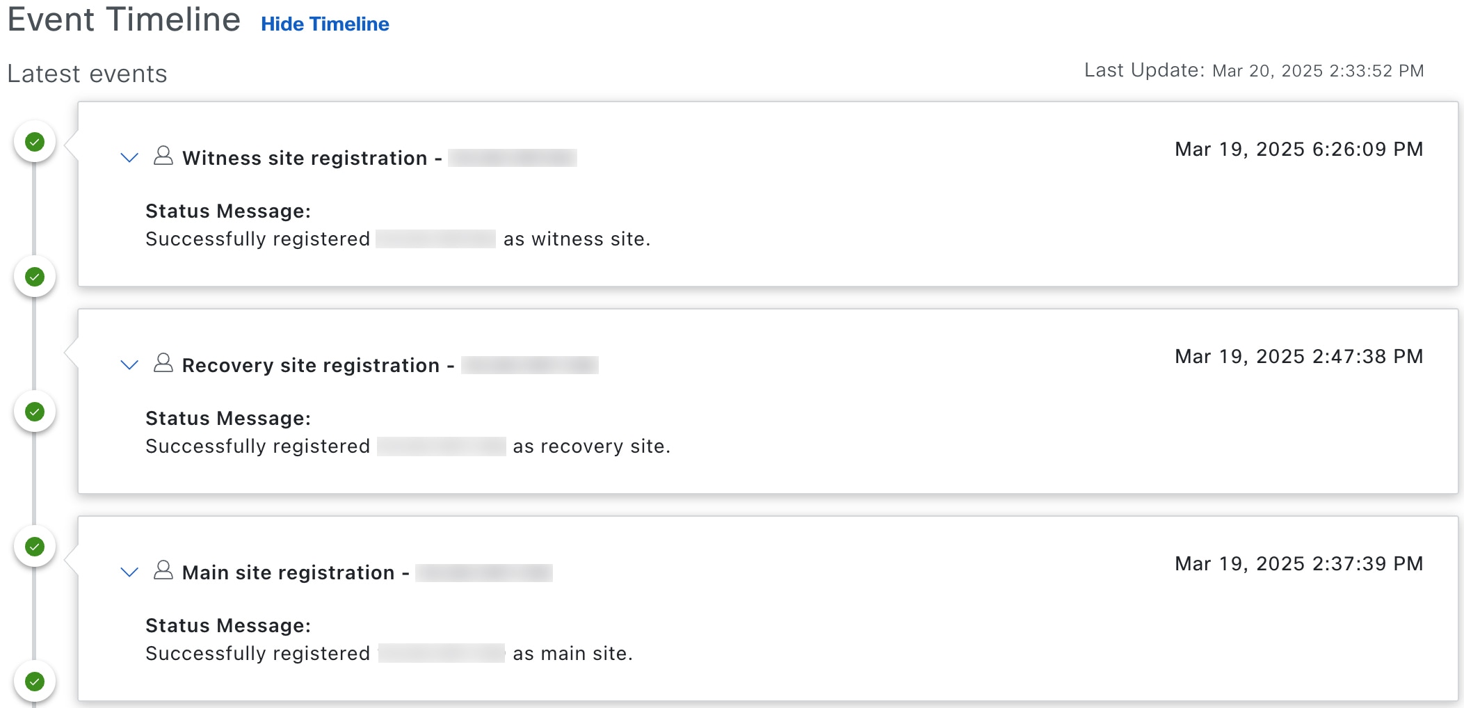 The Event Timeline displays the witness site registration, recovery site registration, and main site registration details.