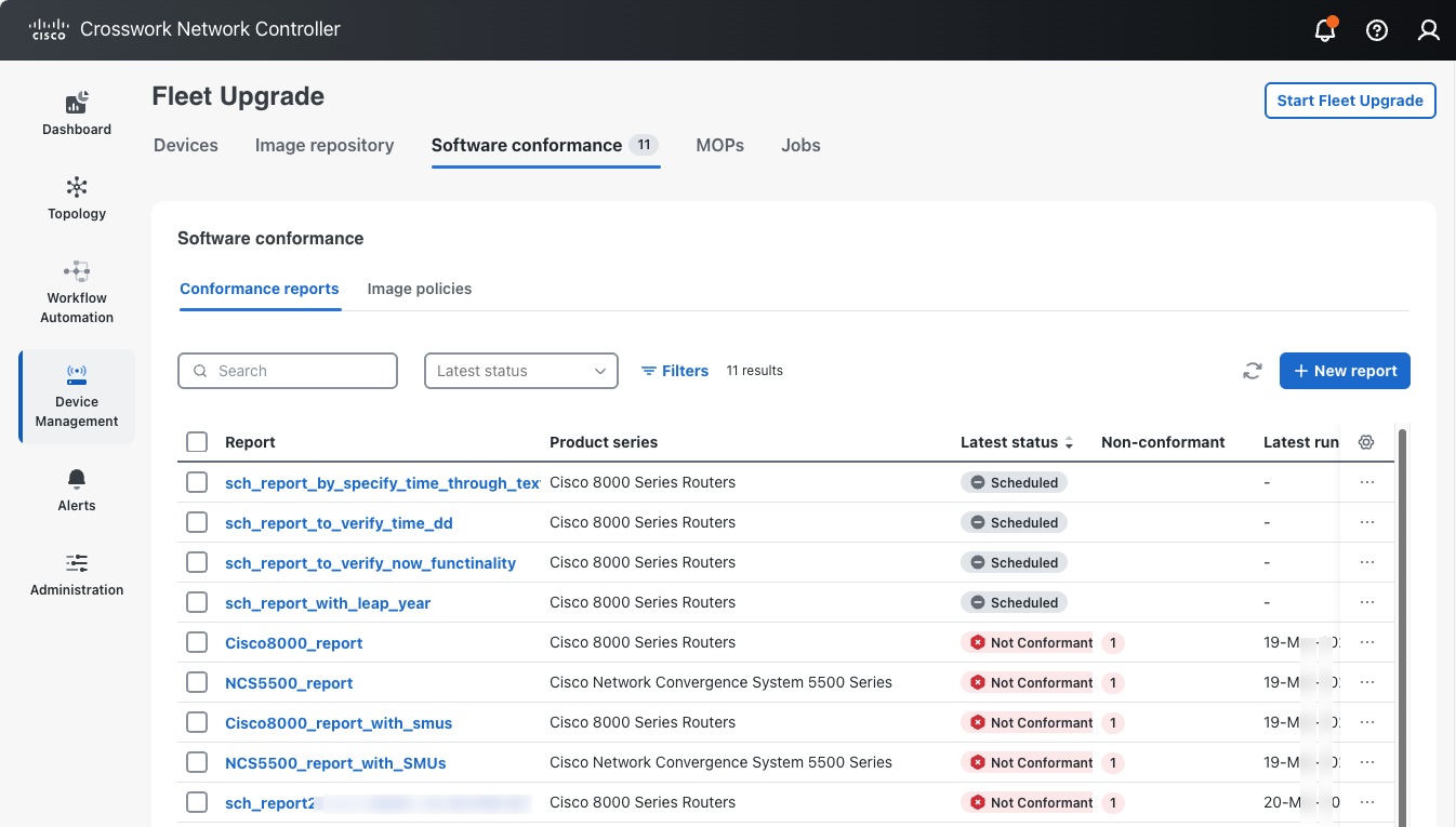 Conformance reports tab