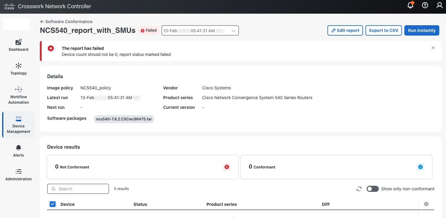 Details for a failed report
