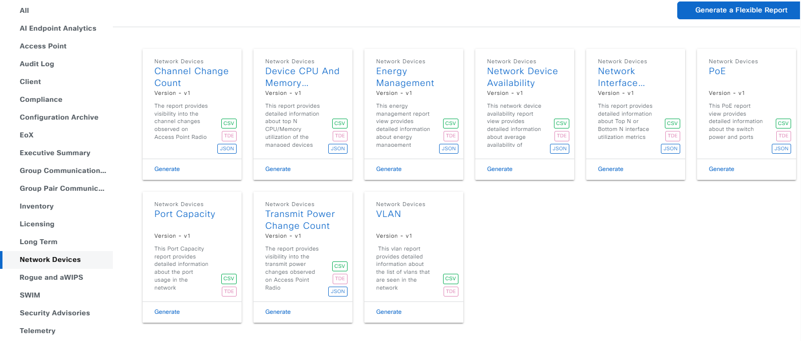 Figure 30: Window displays Network Devices report templates