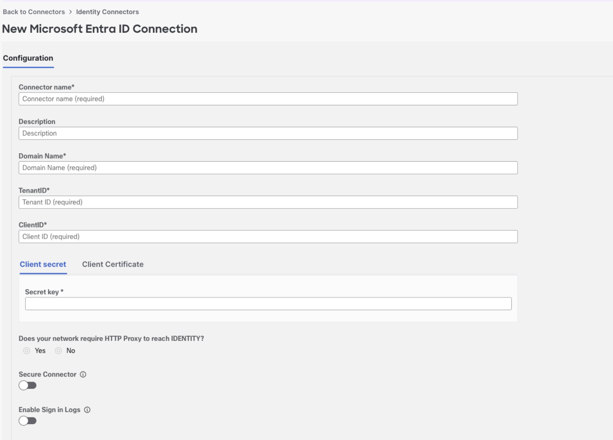 Configuration screen for a new Entra ID Connecto