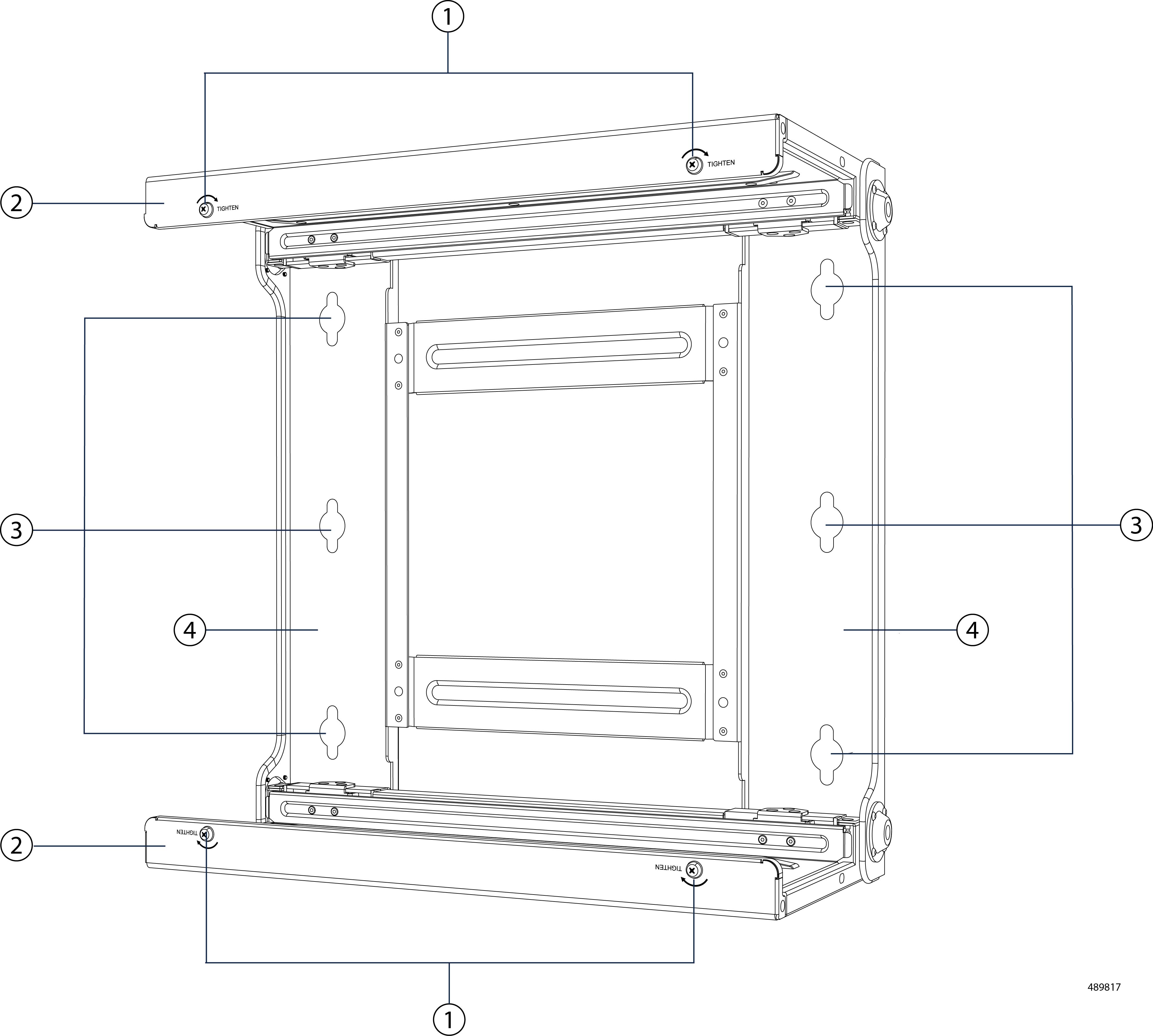 Foldable wall-mount bracket for vertical server installation, showing four numbered callouts: 1) retention screws, two per support plate for a total of four; 2) top and bottom support plates; 3) six wall-mount holes, with all six used for wooden-wall installation and only the four corner holes used for masonry installation; and 4) two wall fix bars, one on each vertical side of the bracket.
