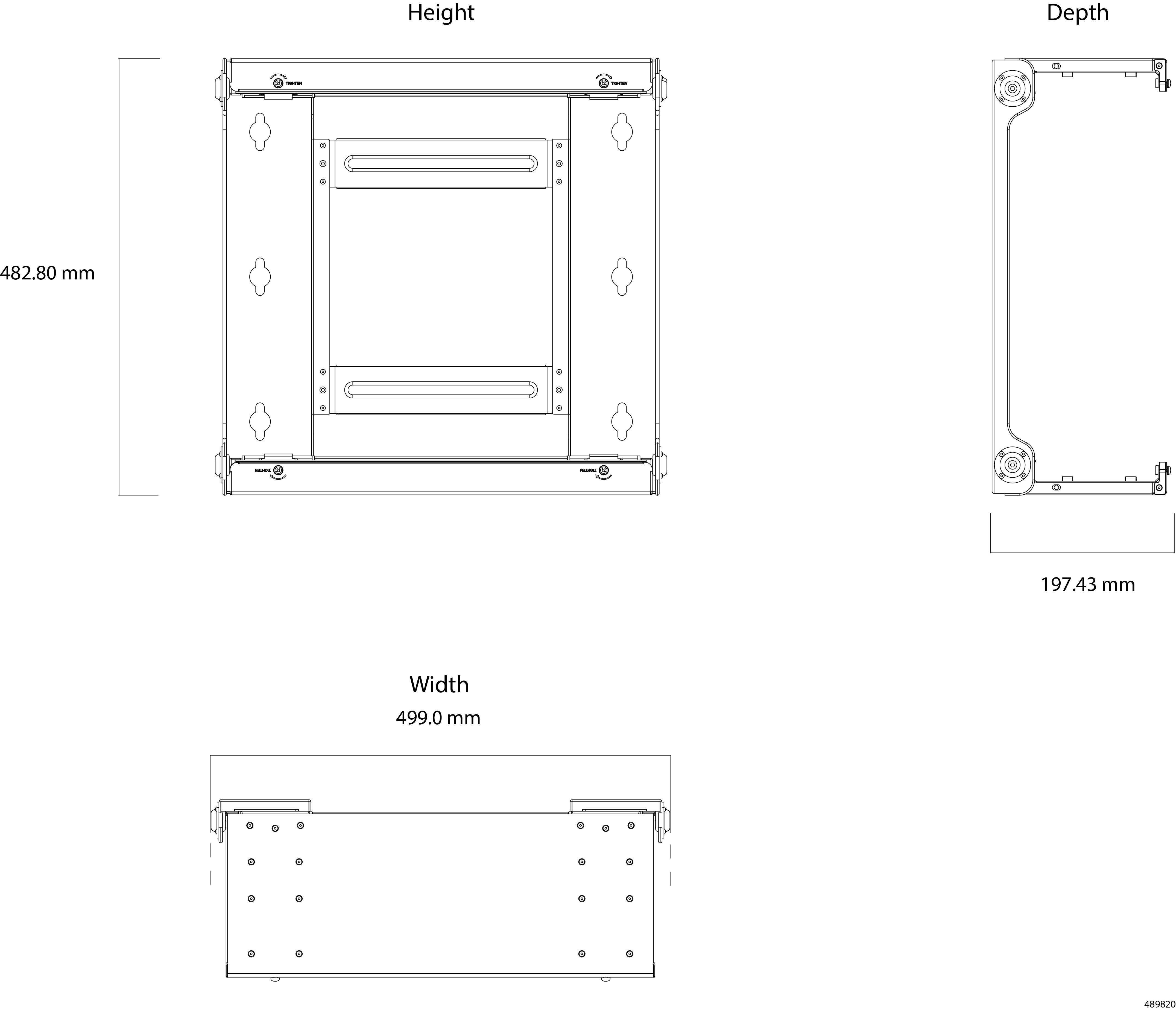 Dimensioned drawing of the foldable wall-mount bracket showing overall size and clearance measurements for installation planning. Total height is 482.80 mm. Total width is 499.0 mm. Total depth is 197.43 mm when the bracket is open/unfolded and the support plates protrude.