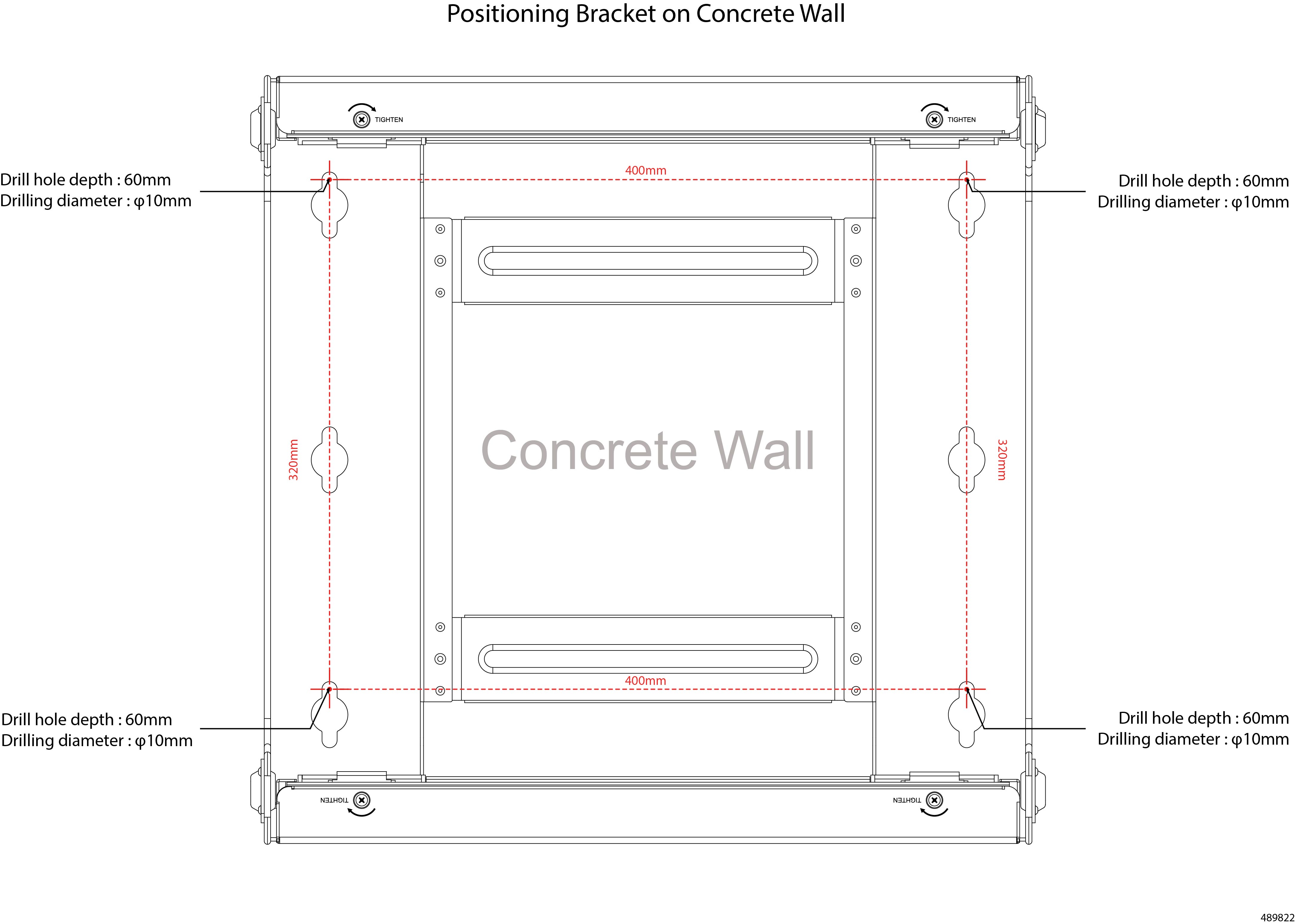 Concrete wall installation template showing the drill-hole locations and spacing for the four expansion bolts used to mount the wall bracket.
