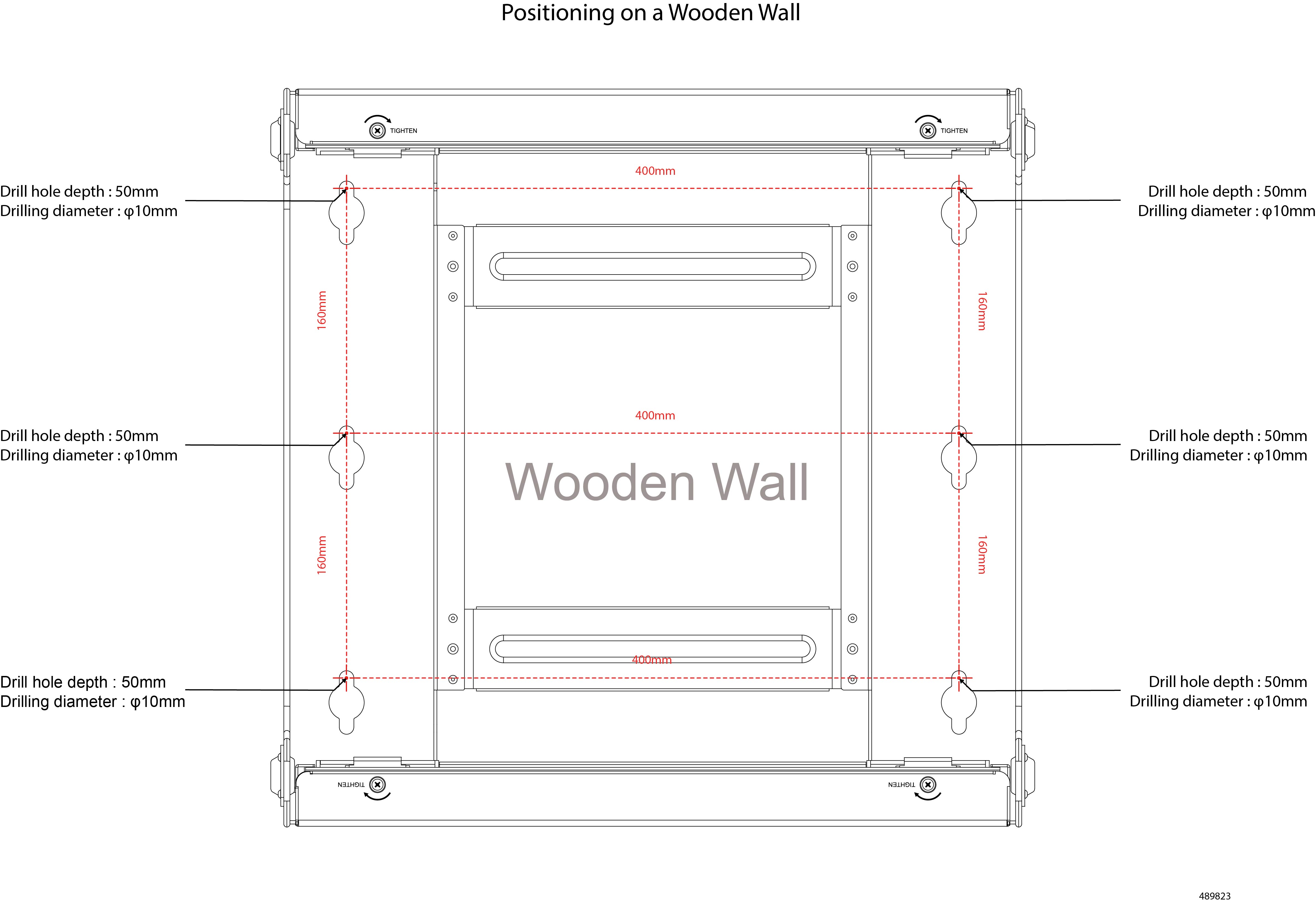 Wooden wall installation template showing the drill-hole locations and spacing for the six pre-embed screws used to mount the wall bracket.