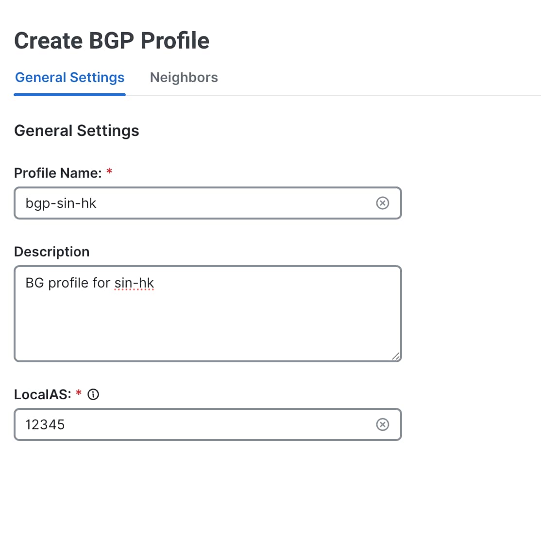 Create a BGP Profile in General Settings section