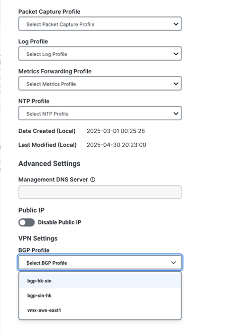 Select BGP Profile for Gateway