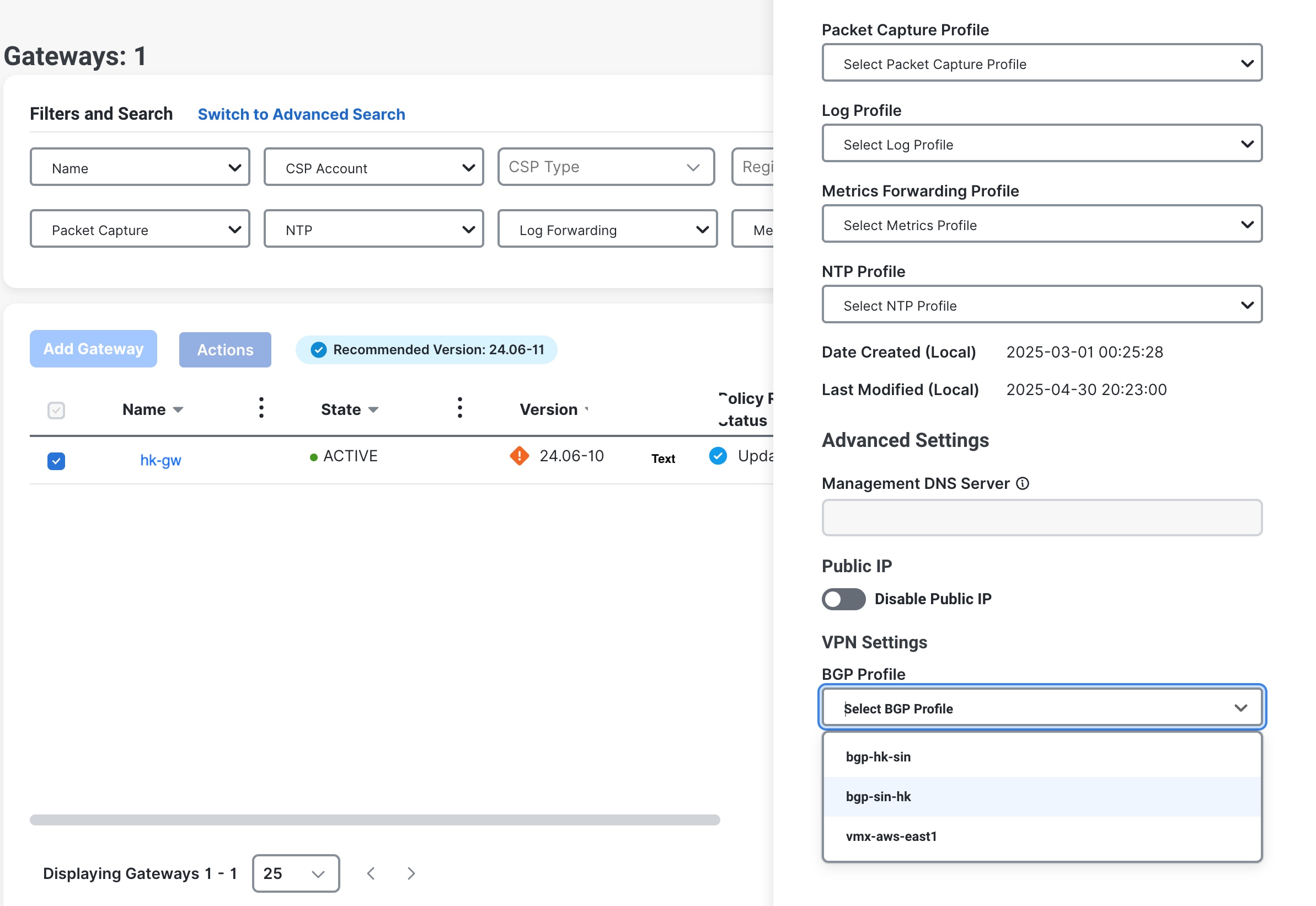 Attach BGP Profile for your Gateway