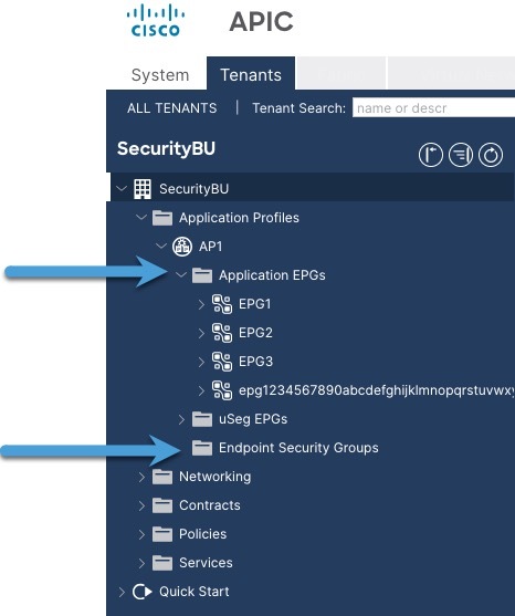 Shows how to locate application EPGs and endpoint security groups in the Cisco APIC console