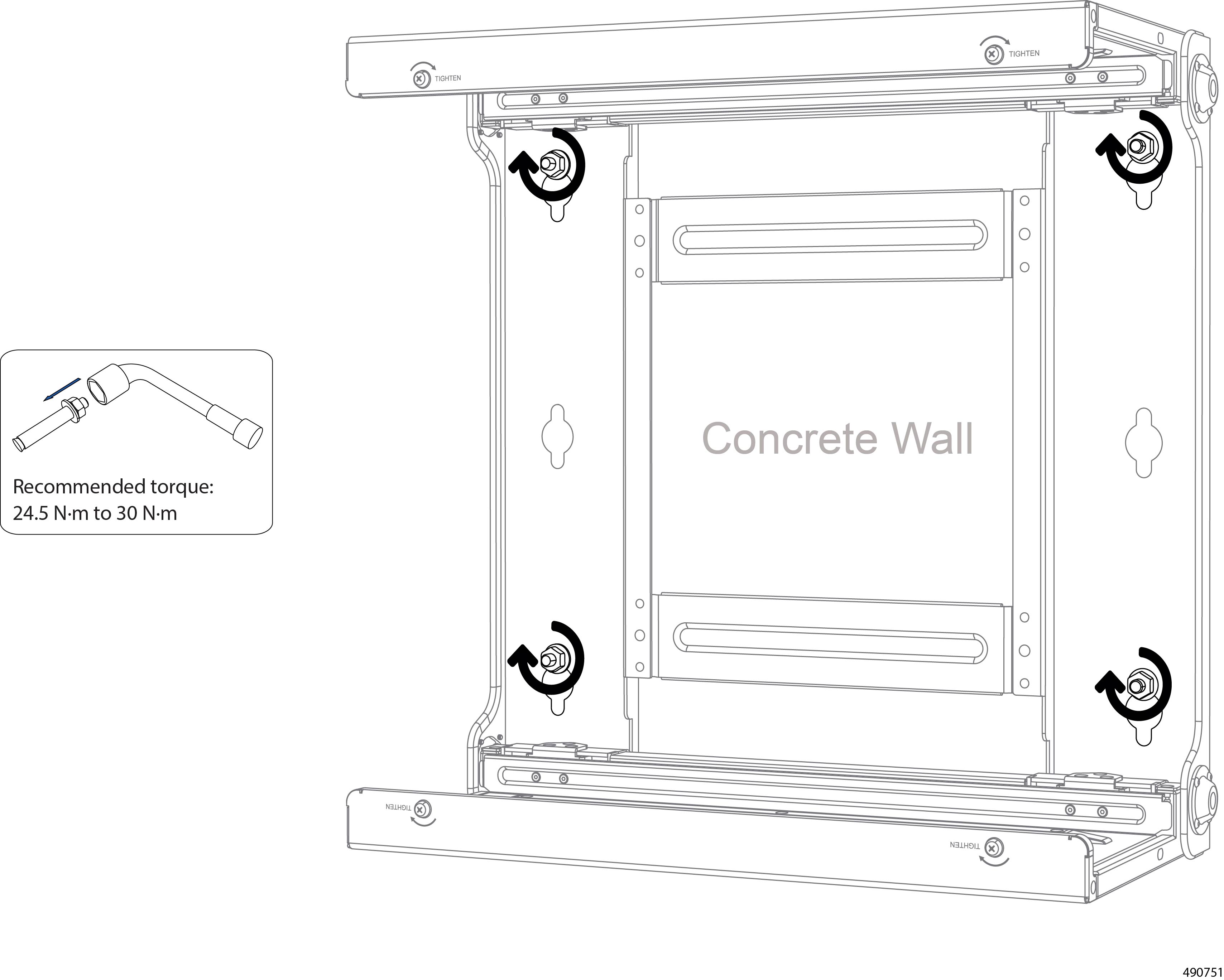 Wall-mount bracket secured to a concrete wall with expansion bolts installed at the bracket corners and being tightened. Also, the foreground panel shows the correct tool and torque specs for tightening the bolts..