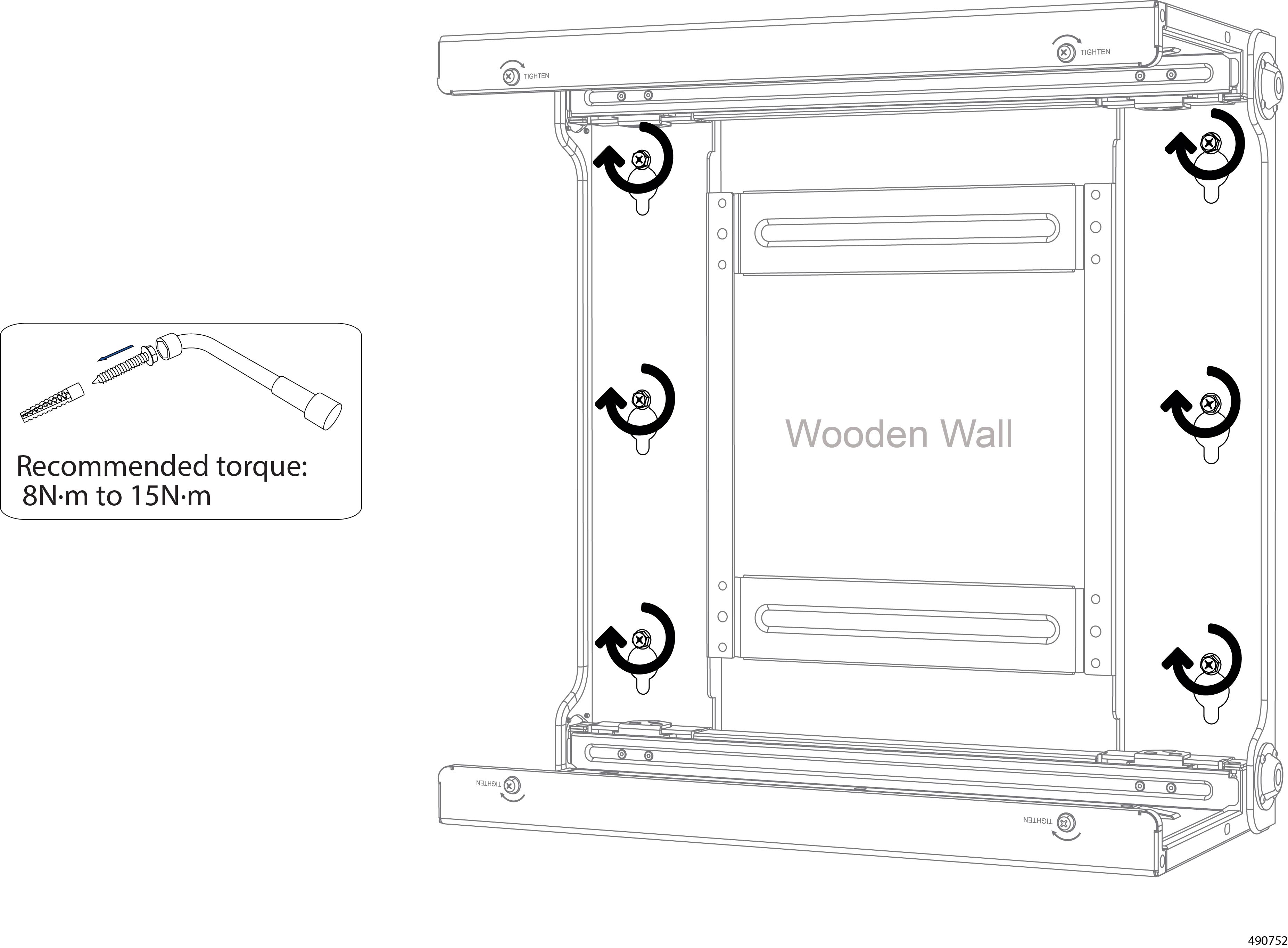 Wall-mount bracket secured to a wooden wall with pre-embed screws installed into the studs and being tighenend. Also, the foreground panel show the correct tool and torque specs for tightening.