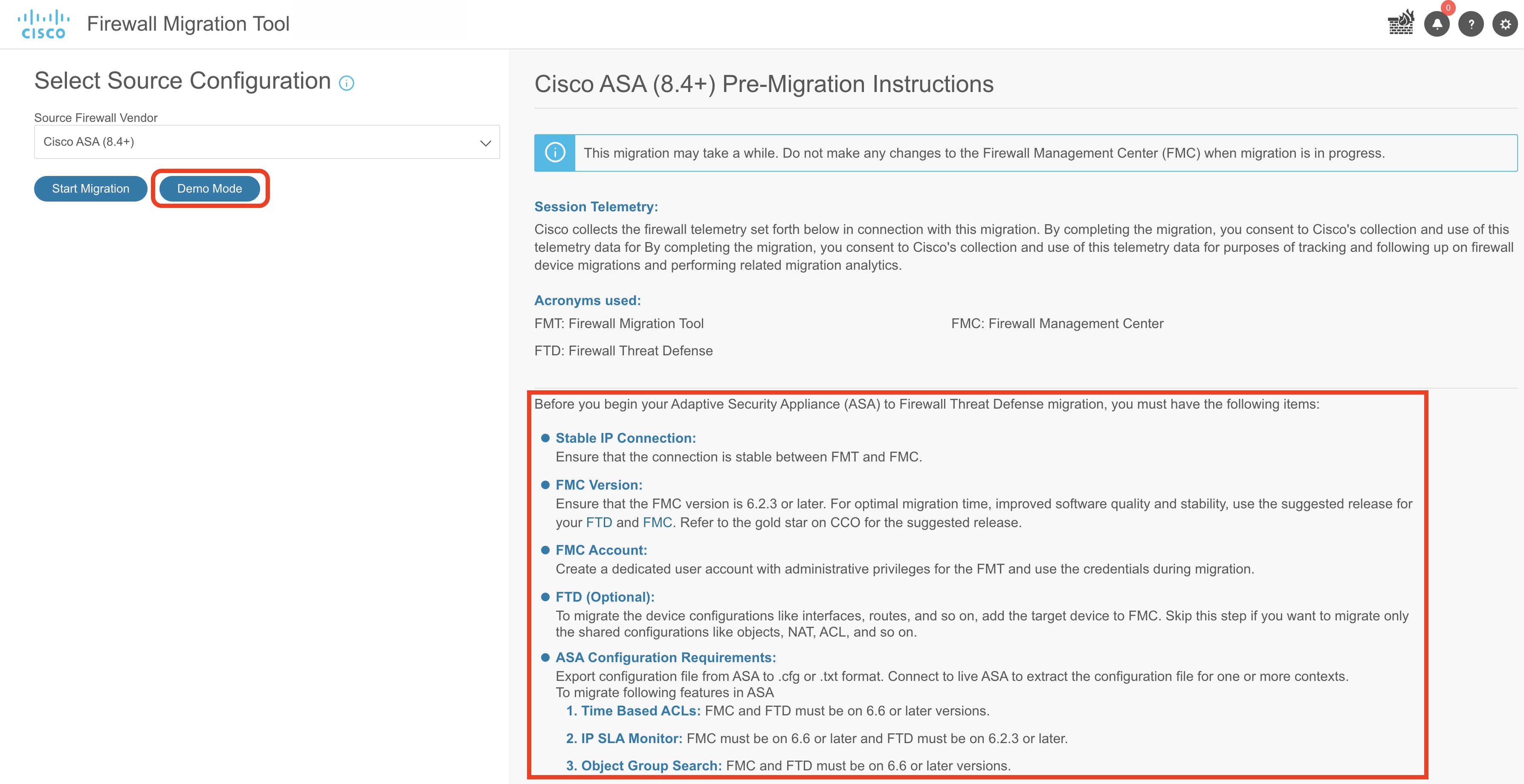 This image displays the Firewall Migration Tool main screen. 