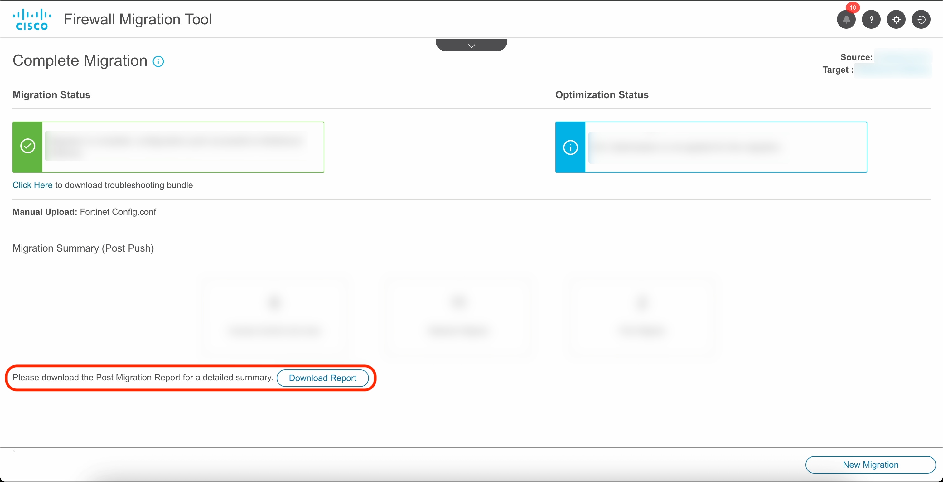 This image displays Post-Migration Report screen.